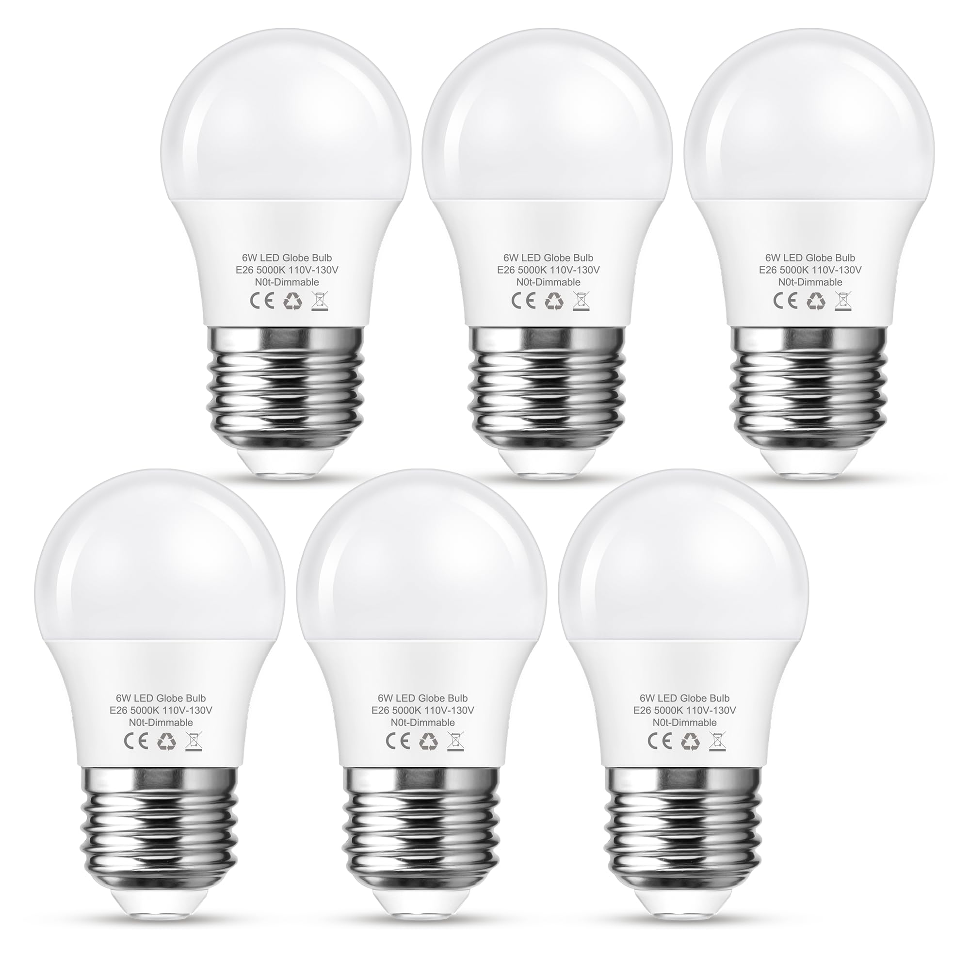 G45 Led Light Bulb 6W Daylight White 5000K  E26 Base 60Watt Globe Small Light Bulbs Equivalent  Non-Dimmable Bright Lighting For Refrigerator  Desk Lamp Lights  Vanity Mirror  Bathroom  6 Pack