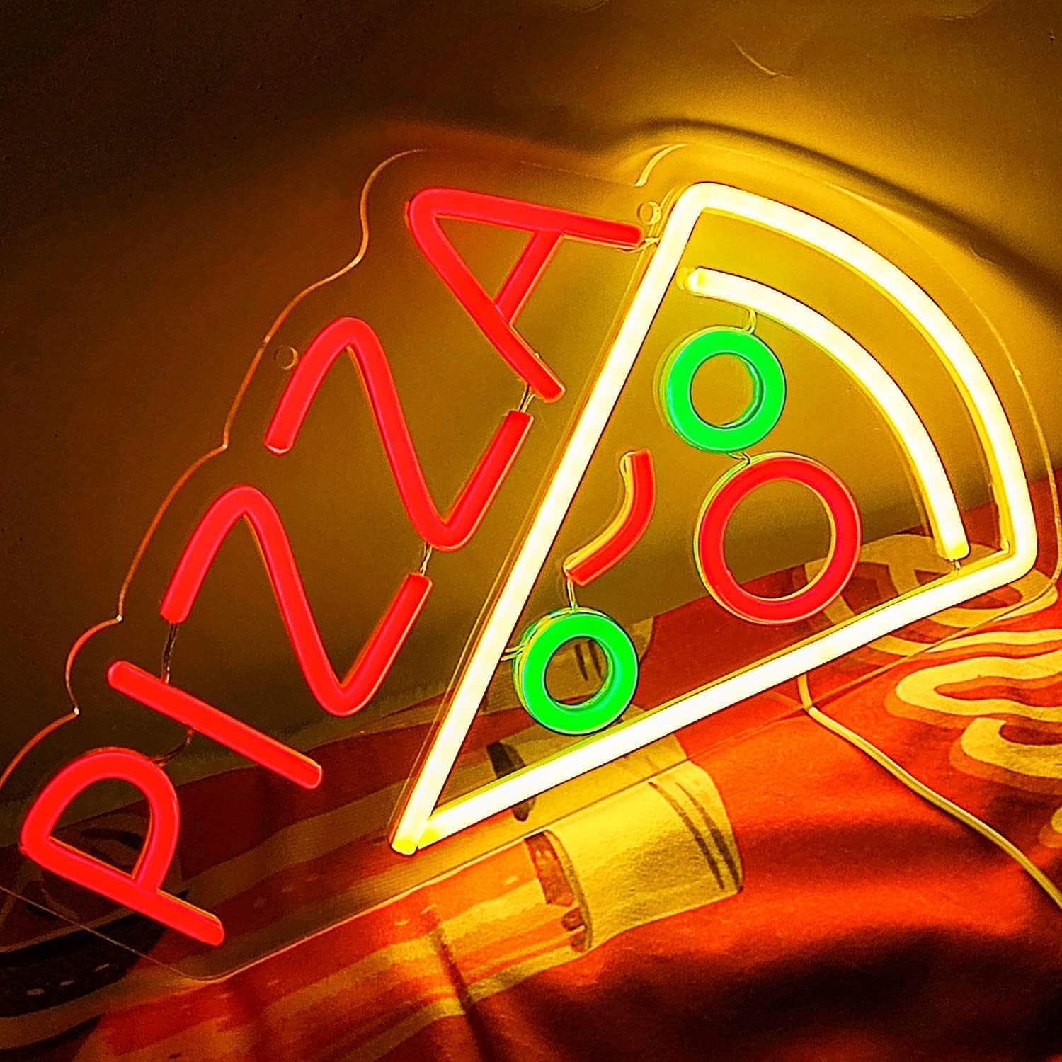attneon Pizza Neon Sign - LED Wall Decor for Pizzeria, Kitchen, Store - 14.6x8.3 Inch, Acrylic - Red/Yellow/Green
