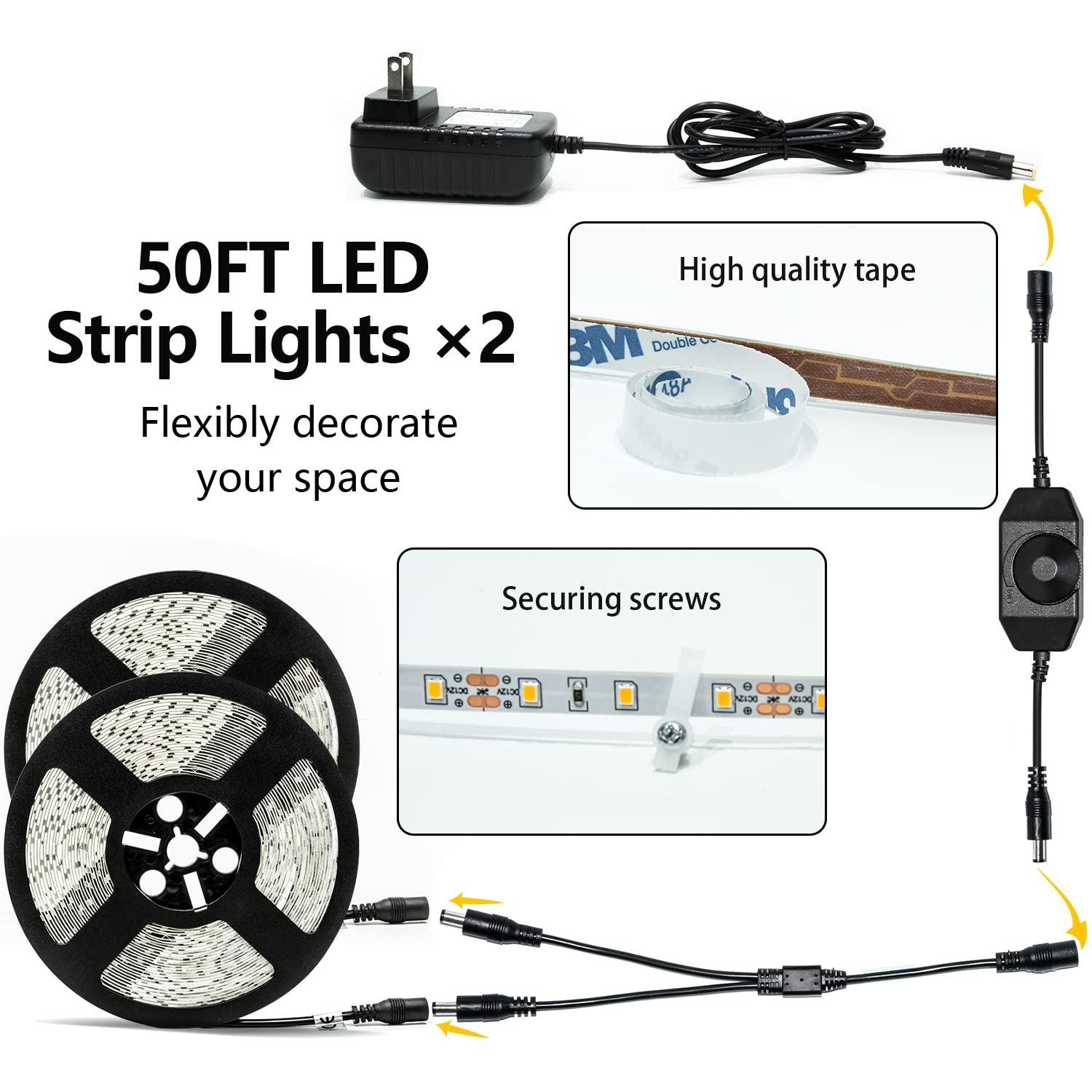 ollrieu LED Strip Lights 100ft Dimmable Warm White 3000K 12V Flexible Ribbon Light Model OL001030-02-US