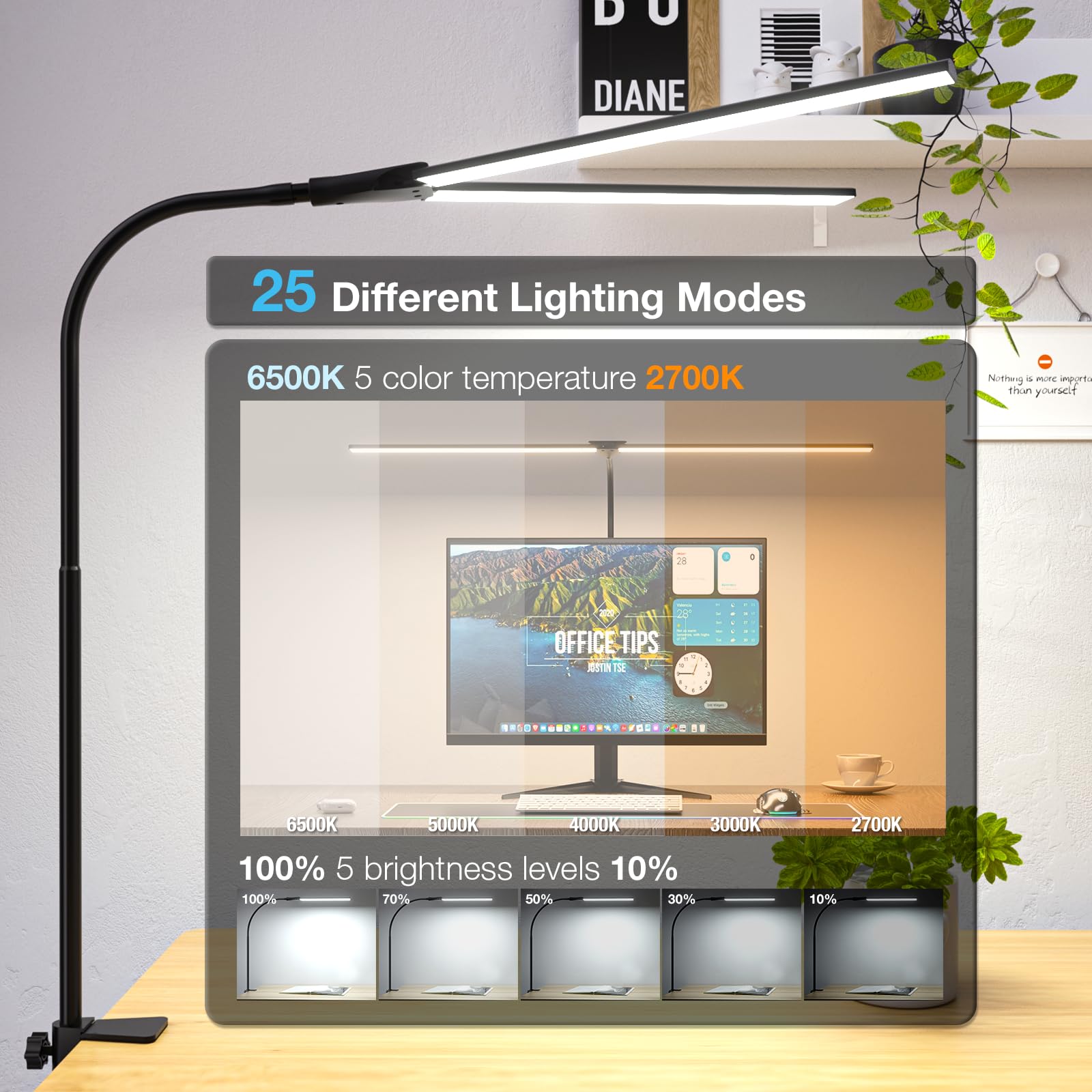 Hensam Desk Lamp For Office Home, 31.5'' Desktop Lighting Bar With Gooseneck, Clip On Desk Light With Clamp, Bright Dimmable Tab