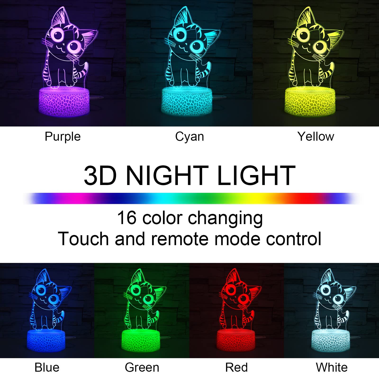 i-CHONY Cat Night Light for Girls,3D Optical Illusion Lamp 16 Colors Dimmable Led Light with Remote & Luminous Base,Cat Gifts fo