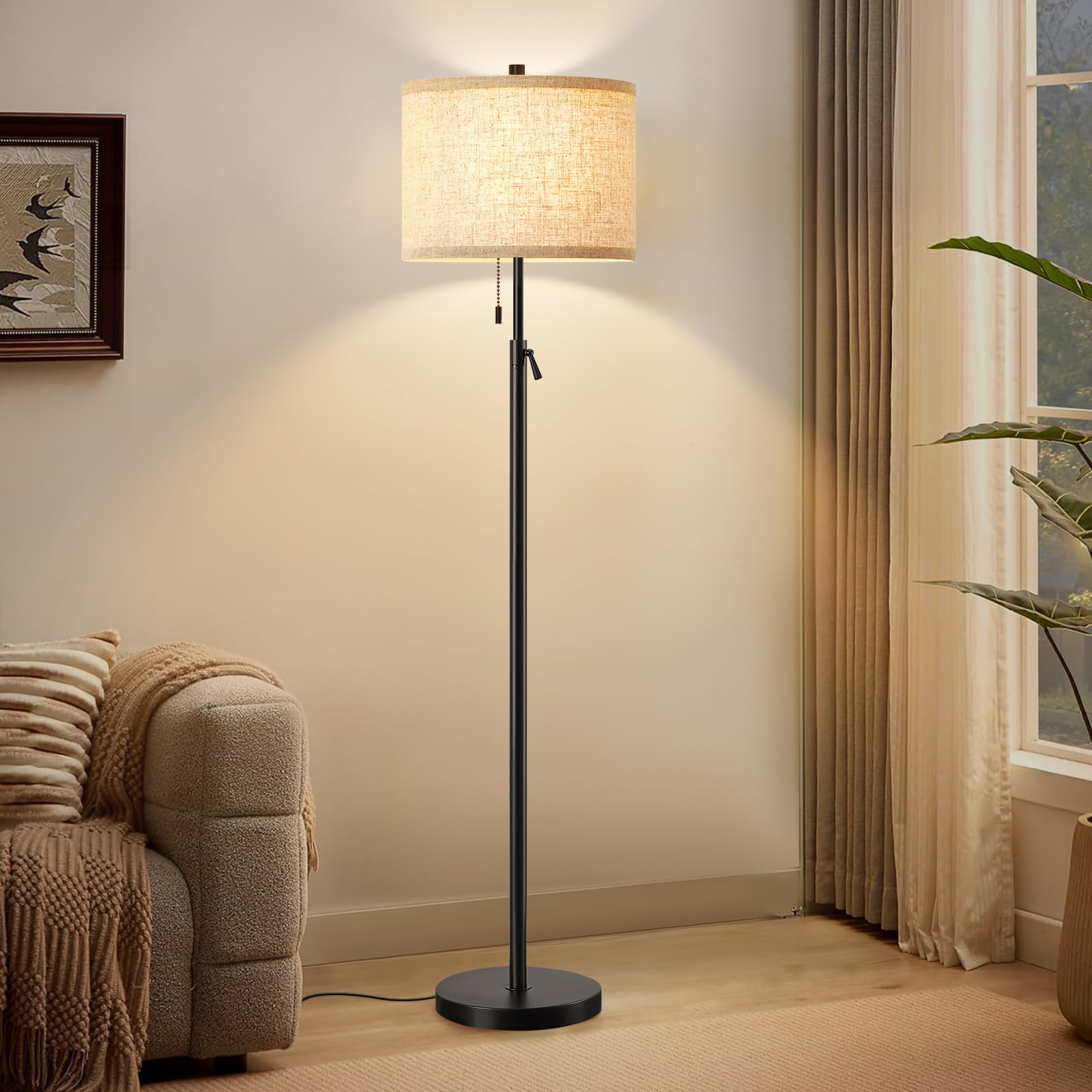 Gyrovu Black Floor Lamp, Height Adjustable Standing Lamp Tall Lamp With Fabric Lampshade&Pull Chain Corner Floor Lamps For Livin