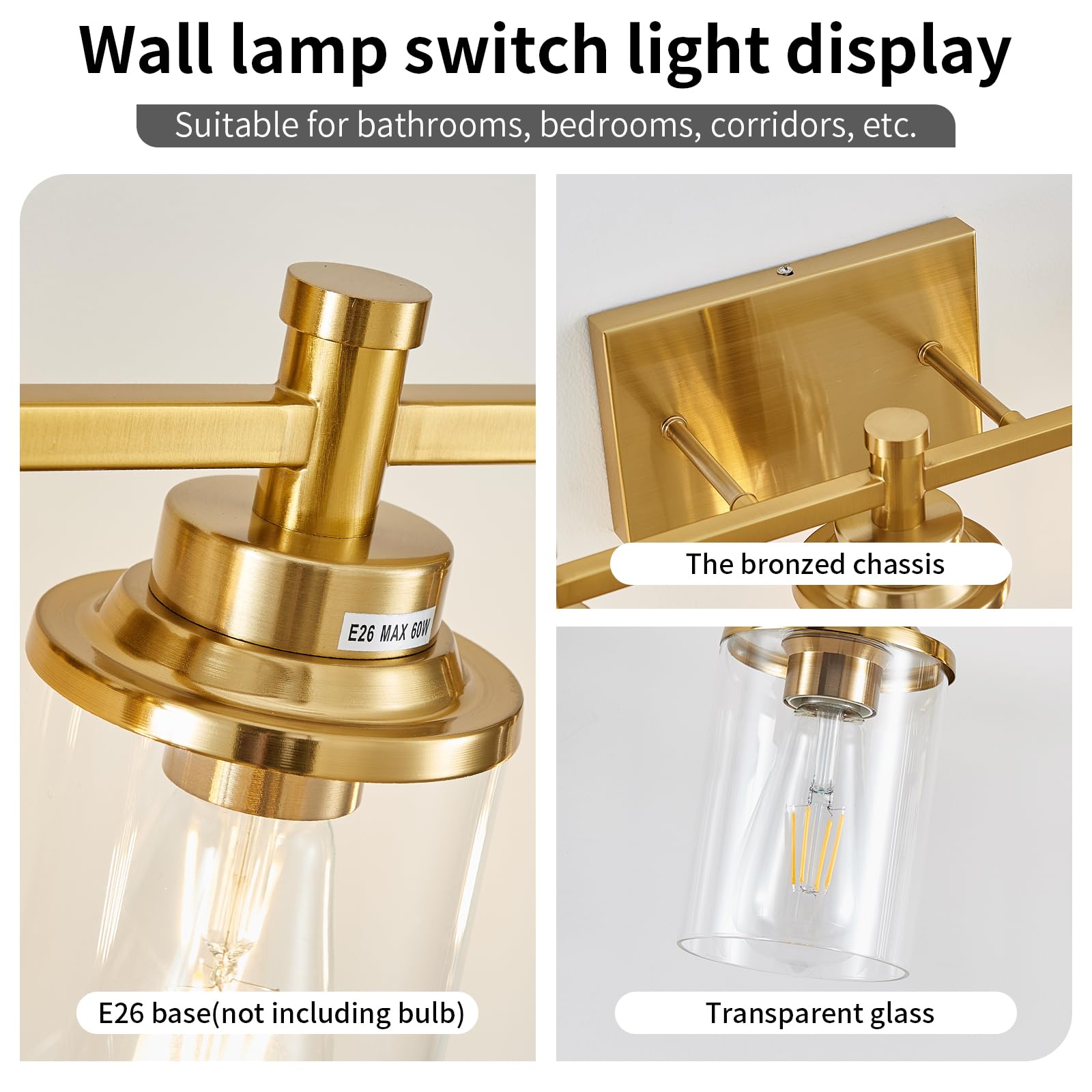 Aixialin 4 Light Brushed Brass Bathroom Vanity Light Over Mirror, Gold Bathroom Light Fixtures, Vintage Wall Sconce With Clear G