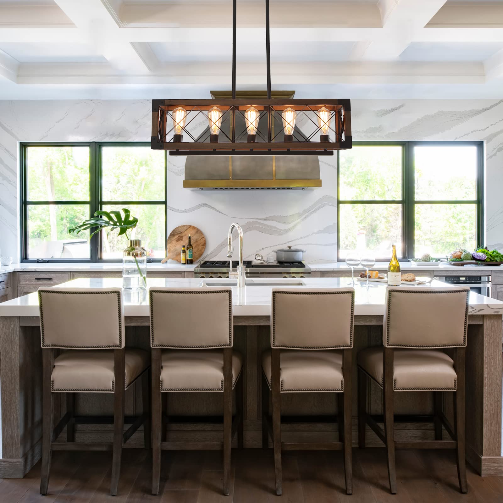 Lingkai 5-Light Kitchen Island Chandelier, Rustic Wood Grain Finish, 32 Inch Linear Pendant Light, Model LKCH21007WD-5