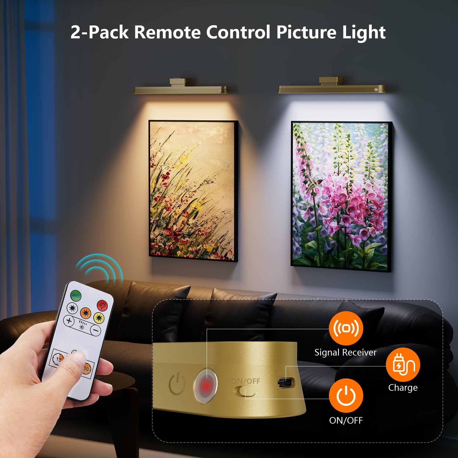 Picture Lights For Wall Battery Operated, 2-Pack 16In Magnetic Rechargeable Picture Light With Remote, Dimmable, Timer Painting