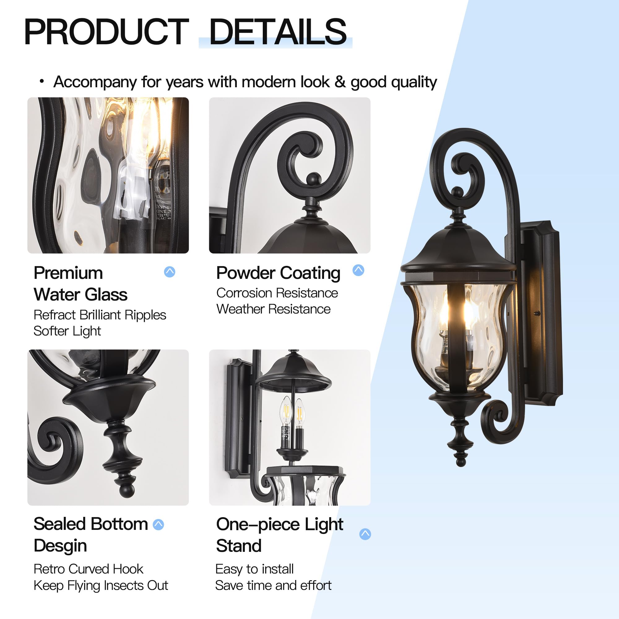 Smeike Outdoor Wall Sconces - Black Aluminum Exterior Lantern, 22.8" H, Waterproof Lighting for Patio & Garage