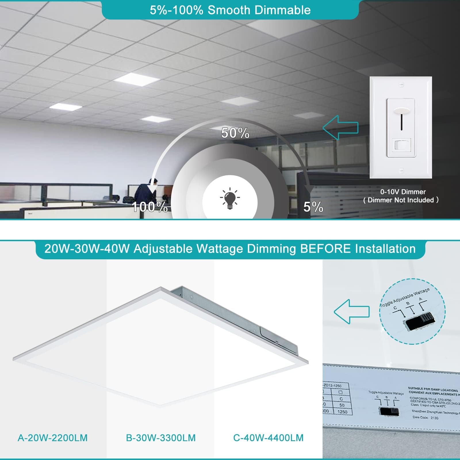 Vocgouu 24-Pack 2X2 Led Flat Panel Light Drop Ceiling Fixture, 3Cct Selectable (3000K/4000K/5000K) & 40W 30W 20W Switchable, 0-1