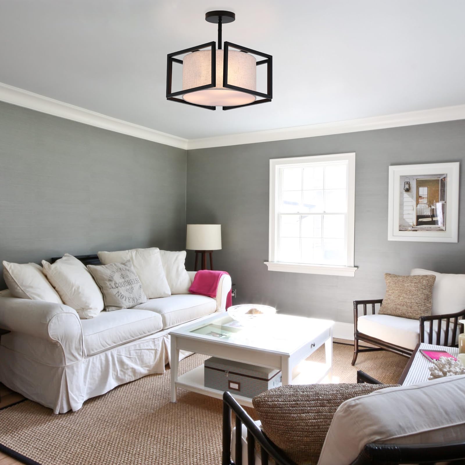 Vexagyle 3-Light Semi Flush Mount Ceiling Light Fixture,12.6   Modern Close To Ceiling Light With Fabric Linen Shade Black Metal