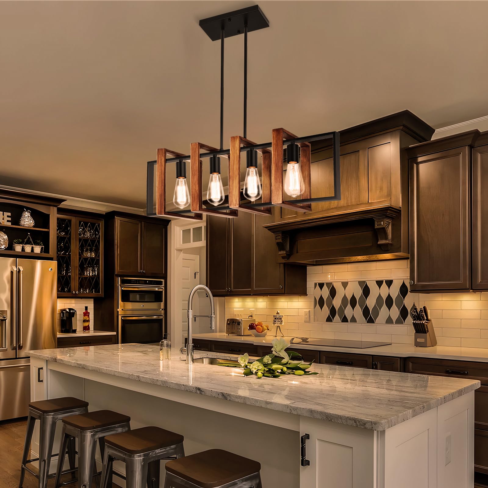 Alynzee Farmhouse Kitchen Island Lighting,31.5'' Adjustable Dining Room Light Fixture,Black 4-Light Chandeliers With Rectangular