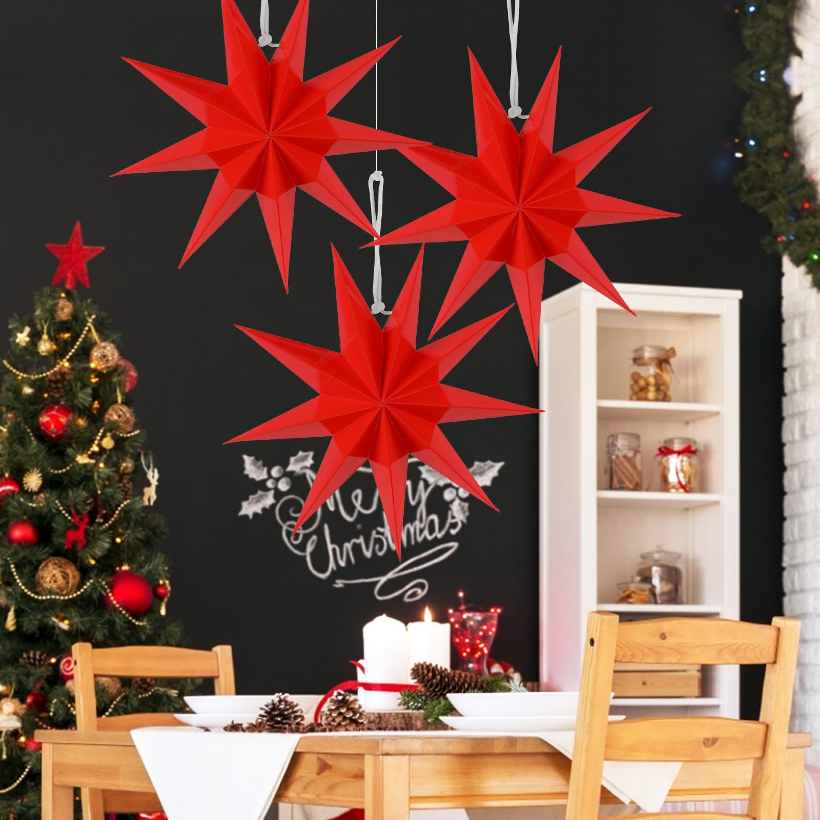 Sunbeauty 3 Pcs 9-Pointed Red Paper Star Lanterns 12 Inch Christmas Hanging Lamp Red Paper Decorations Shade Wedding Birthday Ch