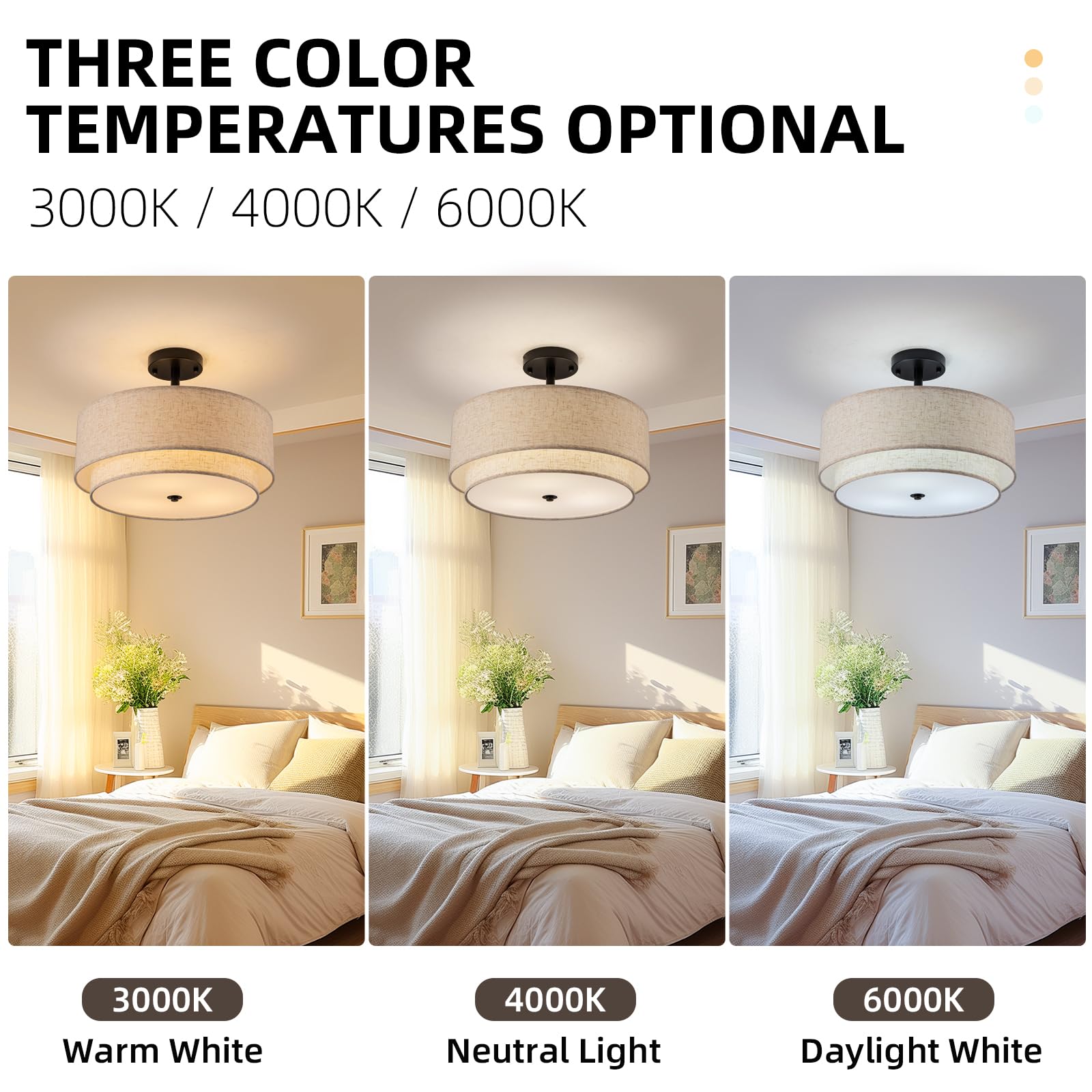 Aufrichting Drum Semi Flush Mount Ceiling Light, 16 Inch 3 Lights Ceiling Light Fixture With 2-Layer Fabric Shade, Black Farmhou