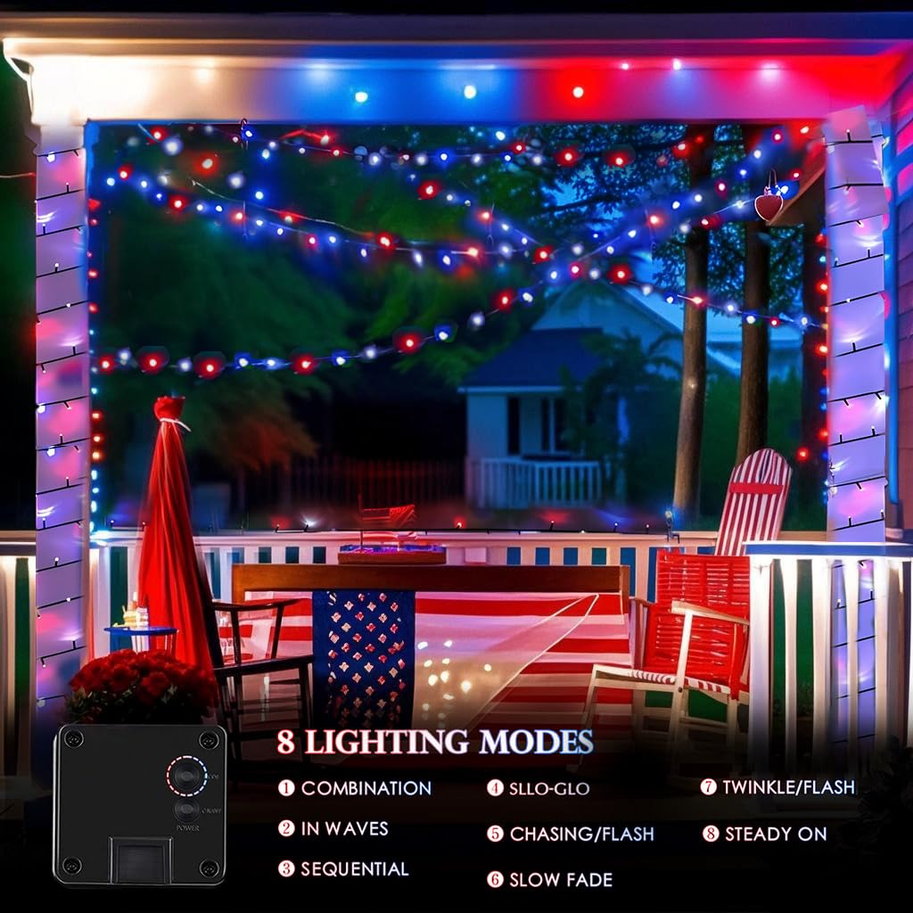 4Th Of July Decorations Outdoor, 4Pk Red White And Blue Solar String Lights, 400Led 132Ft Led Patriotic Light Waterproof, Solar