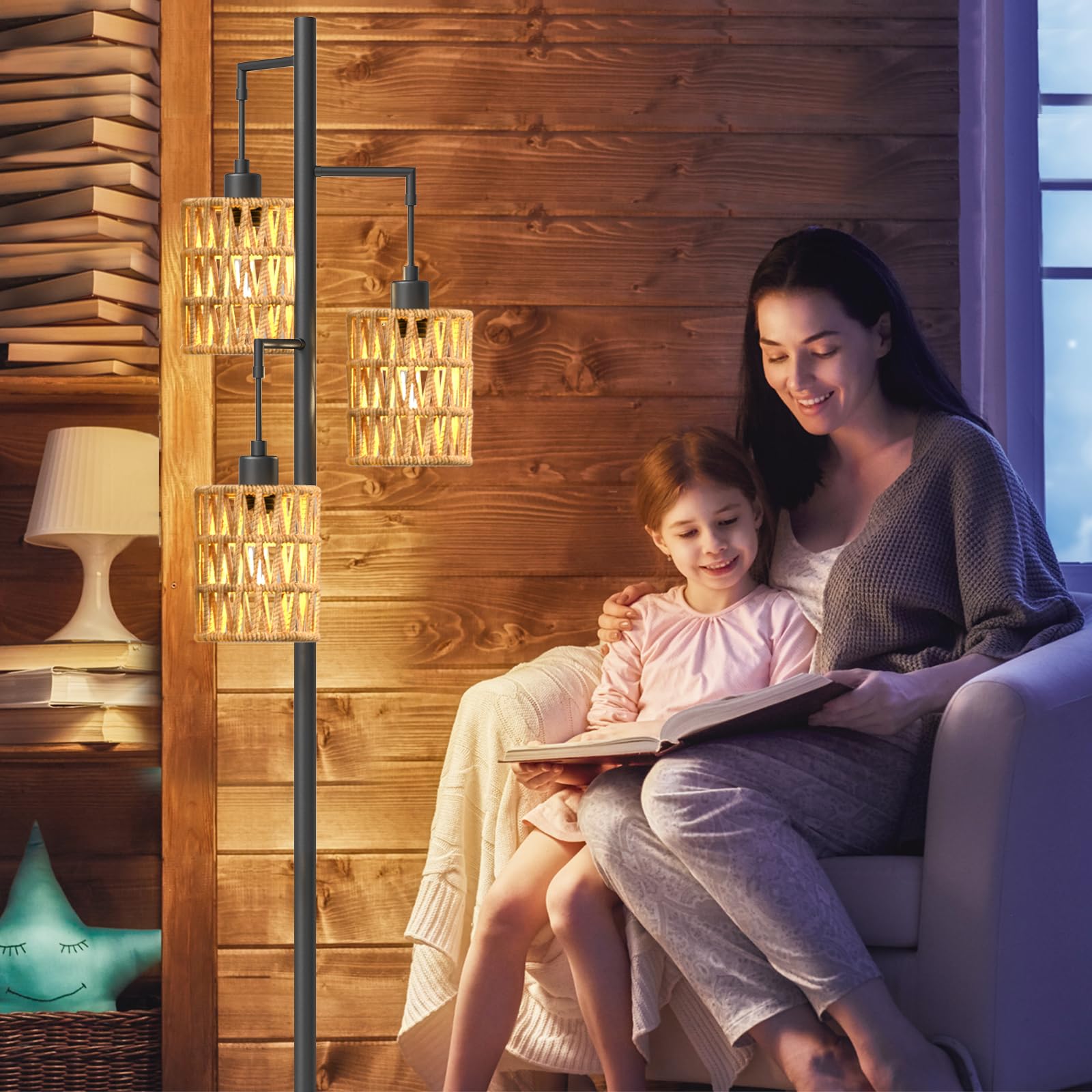 Cnxin 3 Lights Rattan Floor Lamps With On/Off Foot Switch Tree Standing Lamp With Wood Rattan Lampshades Boho Floor Lamp Tall Pole Lamp For Living Room Bedroom Office, 3 Pcs 6W Bulbs Included