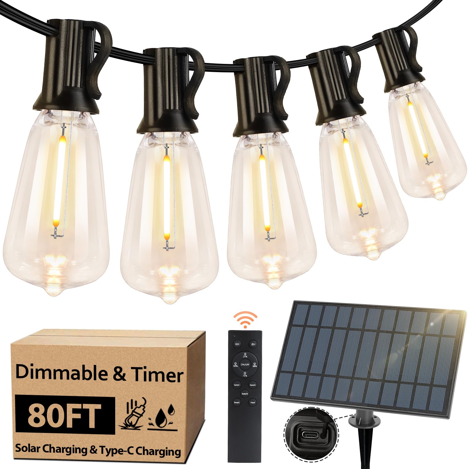 Bosceos Solar Outdoor String Lights Waterproof, 80FT Solar Powered String Lights for Outside with Shatterproof Bulbs, Dimmable S