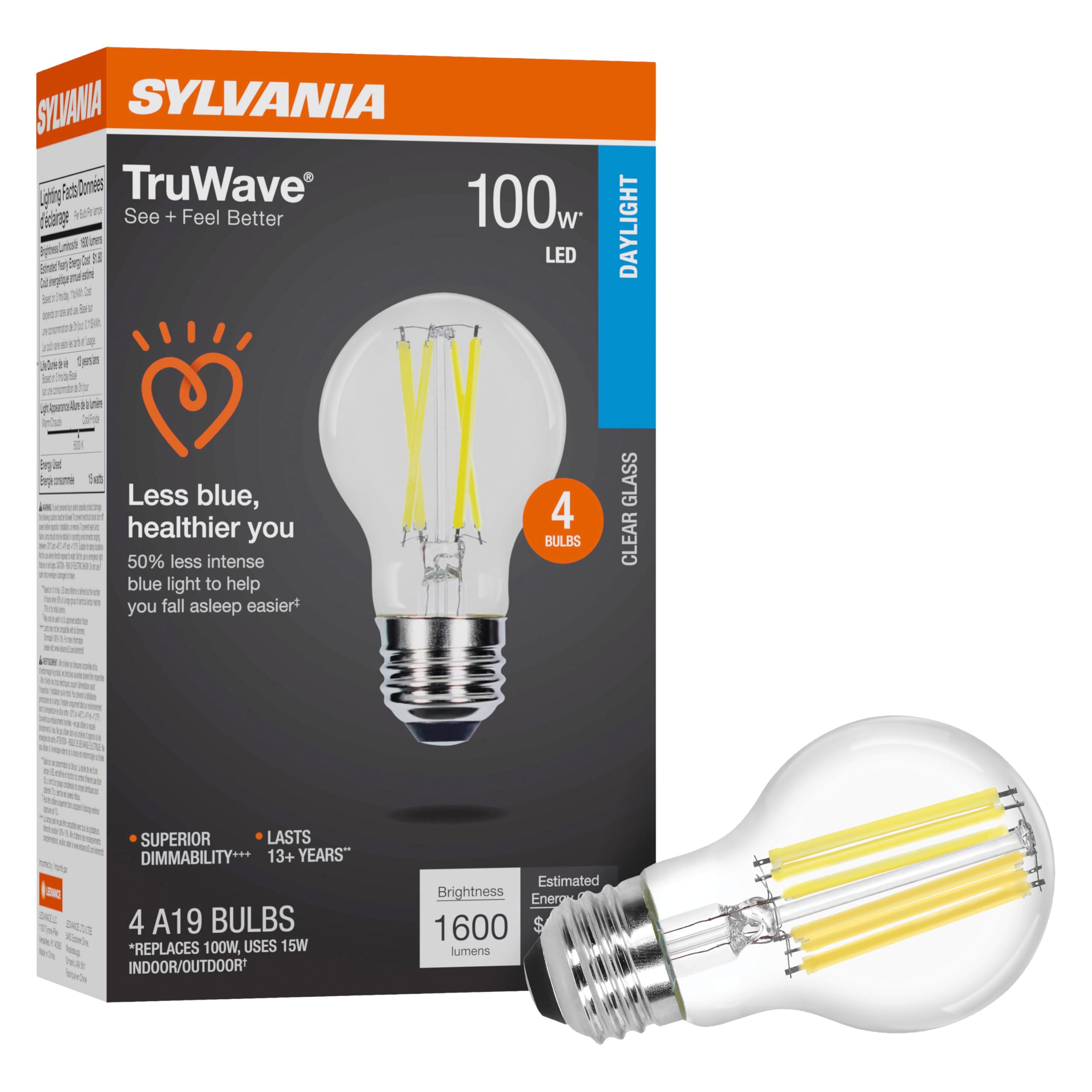 Sylvania Led Truwave Natural Series A19 Light Bulb, 100W Equivalent, Efficient 15W, 1600 Lumens, Medium Base, Dimmable, Clear, 5