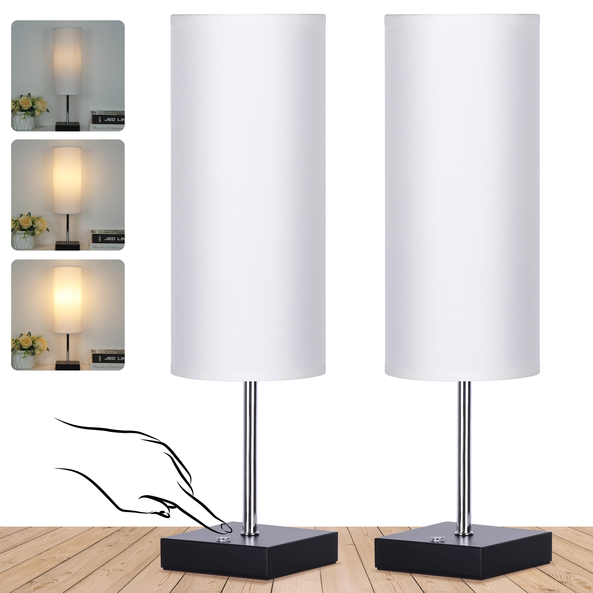 PLMMY 18 Inch Cordless Table Lamp, Rechargeable Touch Control, Dimmable, Linen Fabric Shade, White, Battery Operated for Bedroom/Office