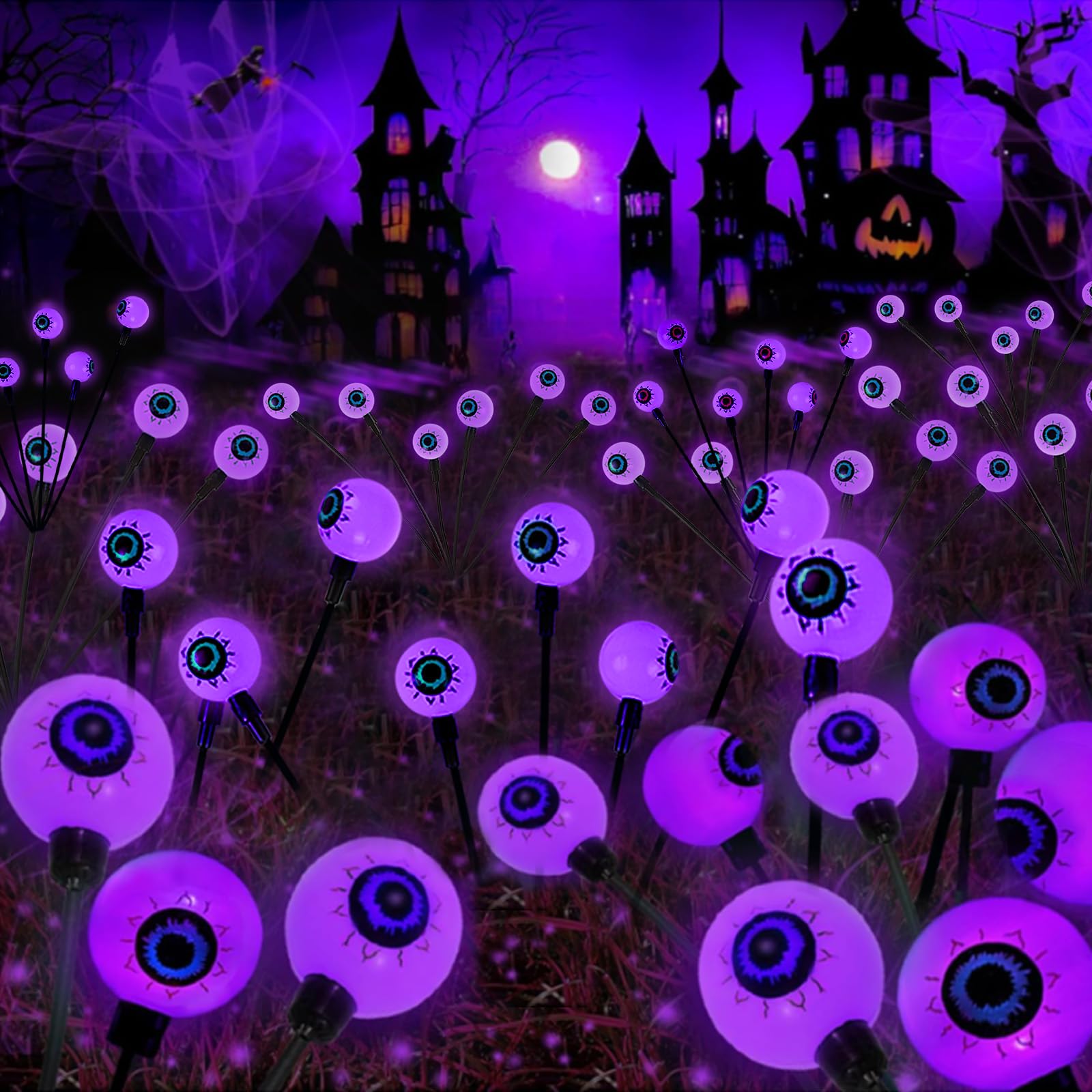 YIQU Solar Halloween Lights - 6 Pack 36 LED Purple Eyeball Lights, Waterproof with 2 Modes for Garden Pathway Decorations