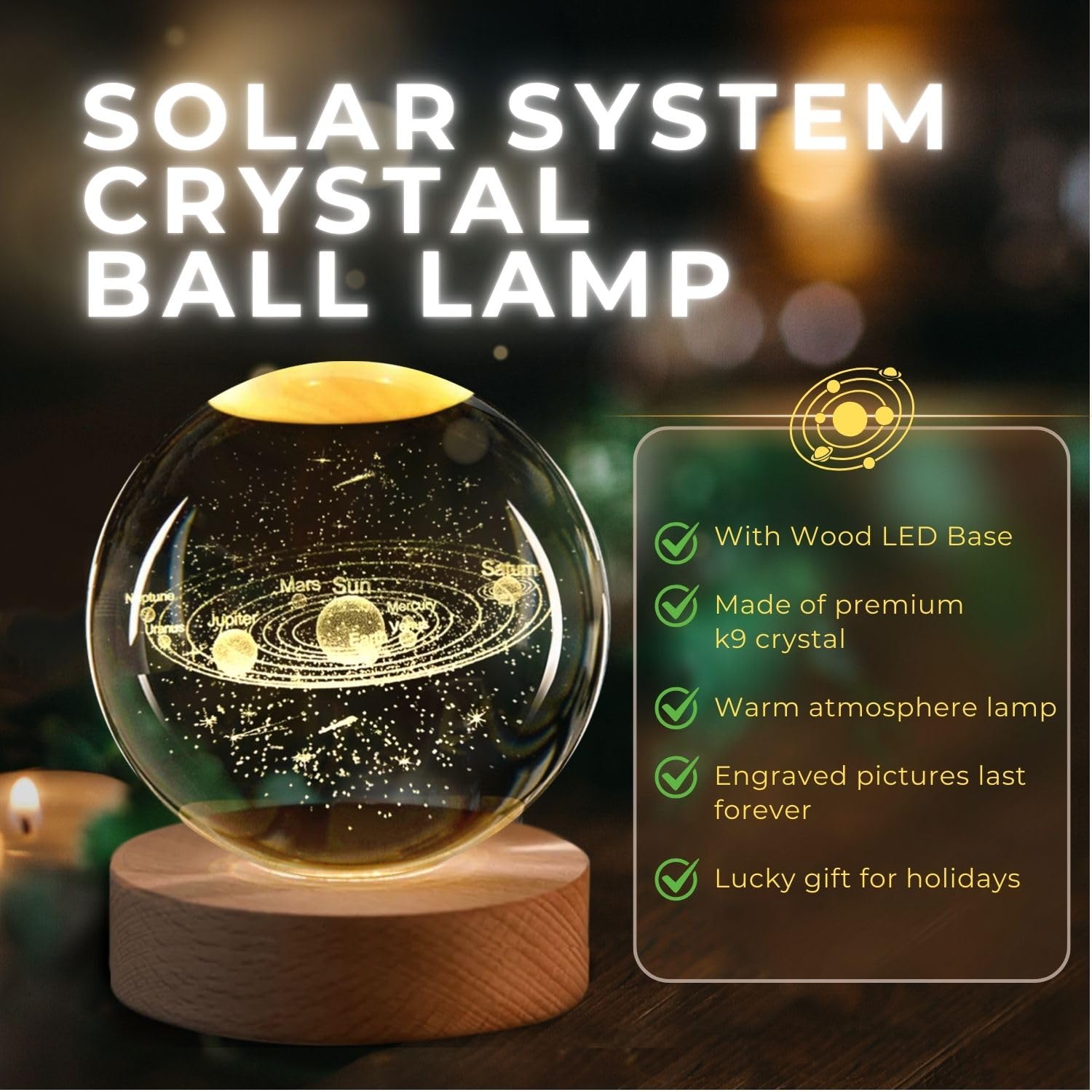 Flexzion 3D Solar System Crystal Ball Night Light - Led Light Hologram Glass Lamp With Solid Wood Base, Usb Powered Crystal Ball
