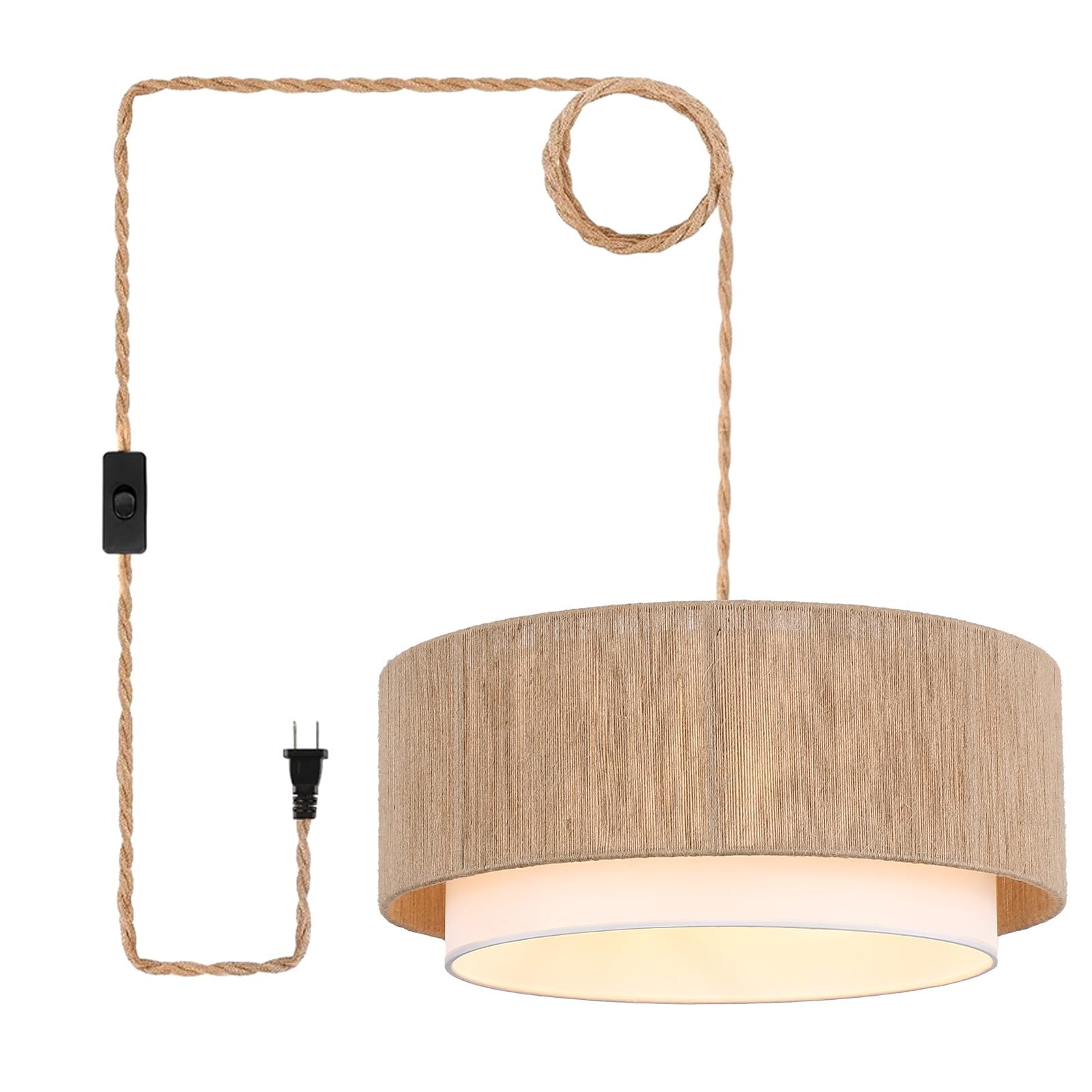 Buovikalo Plug in Pendant Light  18  Rattan Plug in Chandelier with 15.7FT Light Cord  Hanging Light with Handwoven Hemp Rope Lampshade for Living Room Bedroom Kitchen