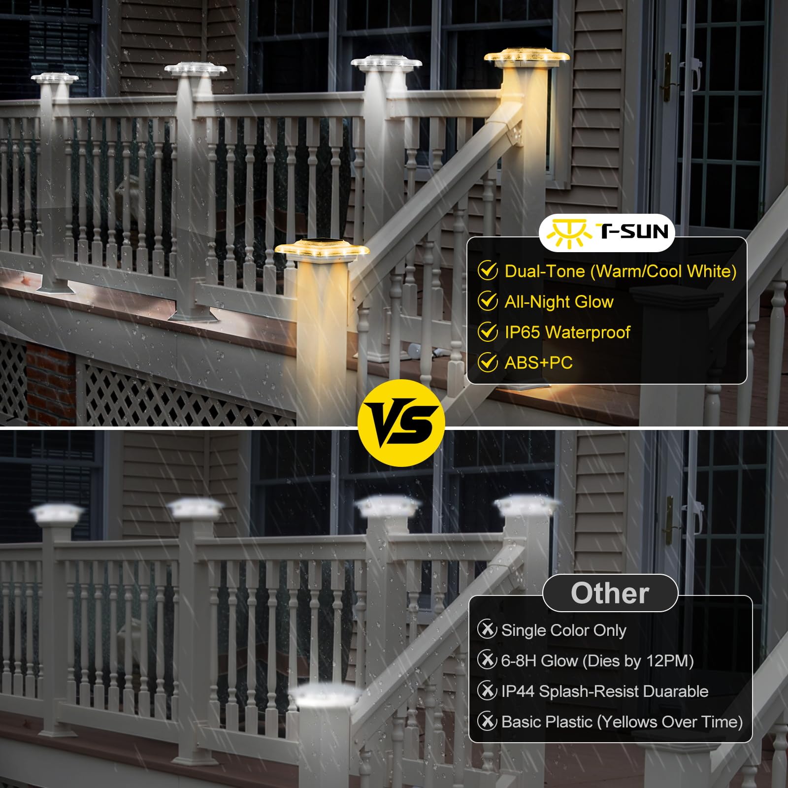 T-Sun Solar Post Cap Lights 4X4  Fence Post Solar Lights 6 Packs  Ip65 Waterproof Outdoor Lighting Smart Auto On/Off For Stairs Step  Vinyl Fence Tops  Deck  Patio  Garden (Warm/Cool White)