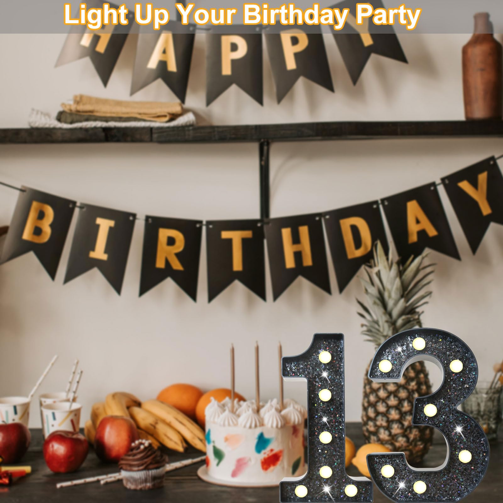 Lovelite 8.8" Decorative LED Glitter Marquee Number 13, Acrylic, Black - Light Up Sign for Birthday Party & Home Decor