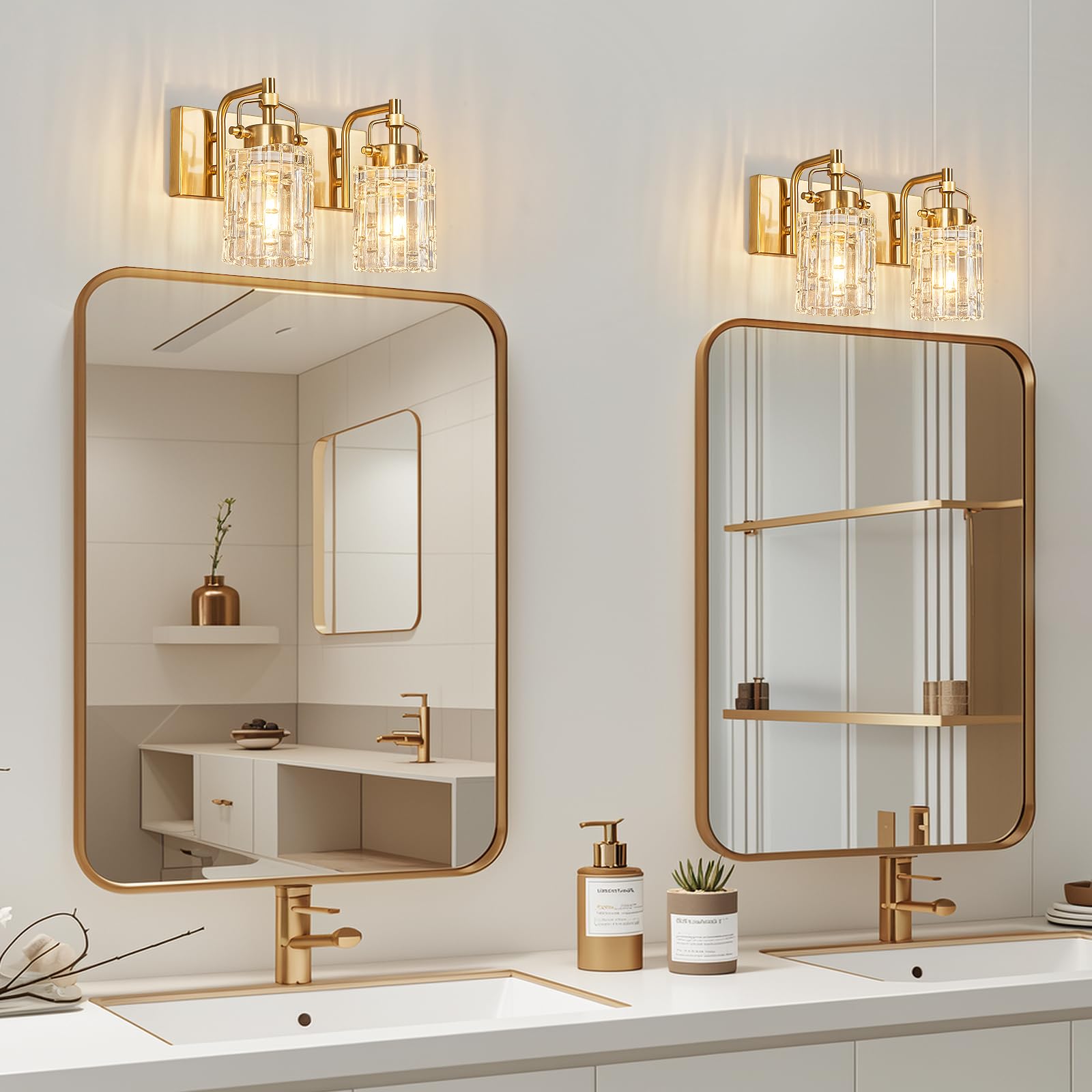 BNHHLZ Modern Vanity Light - 2-Light Gold Bathroom Fixture with Crystal Glass Shade, Model 4132, Metal Construction