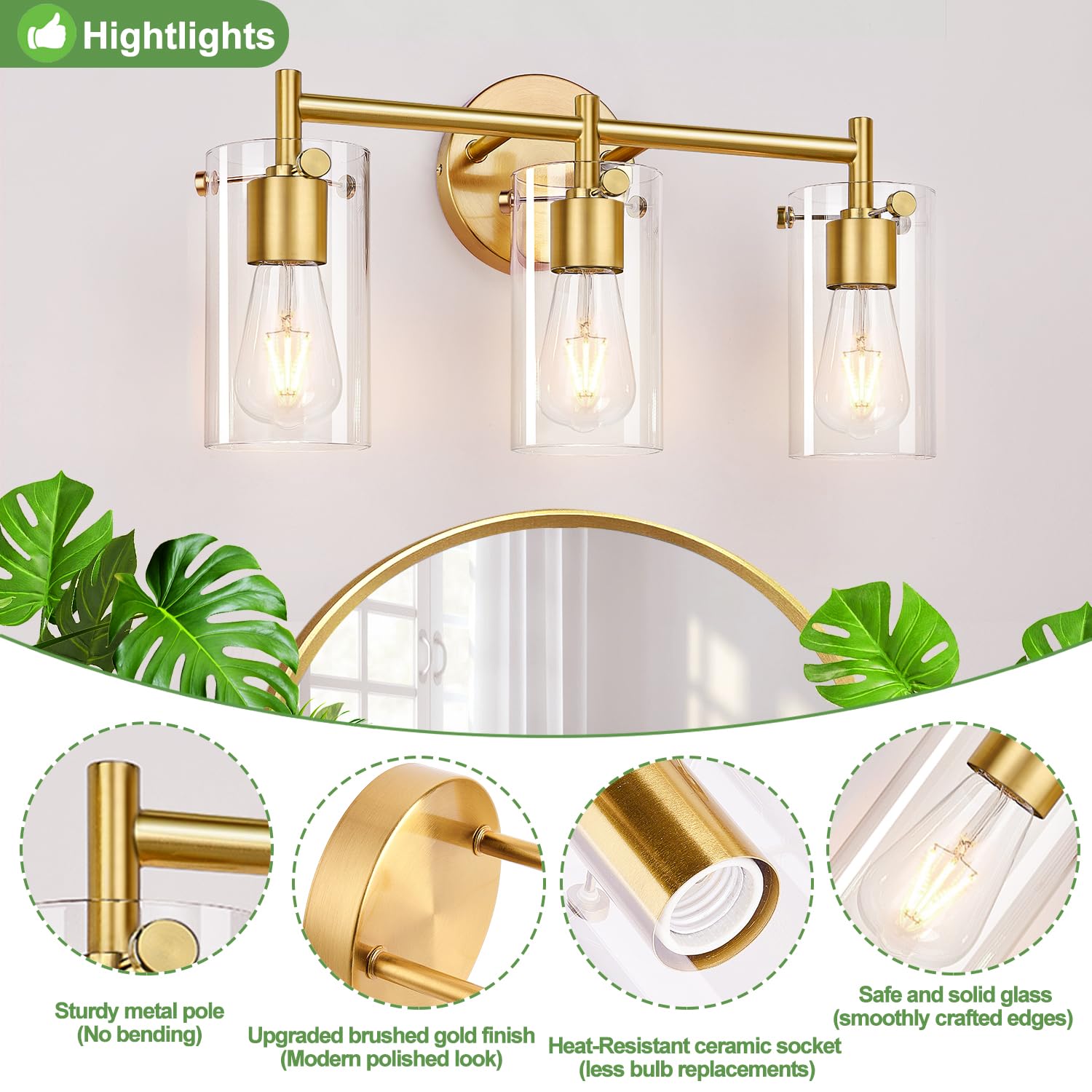 Bathroom Light Fixtures 2023 Upgrade, 3-Light Brushed Gold Bathroom Vanity Light, Gold Bathroom Lights Over Mirror With Clear Gl