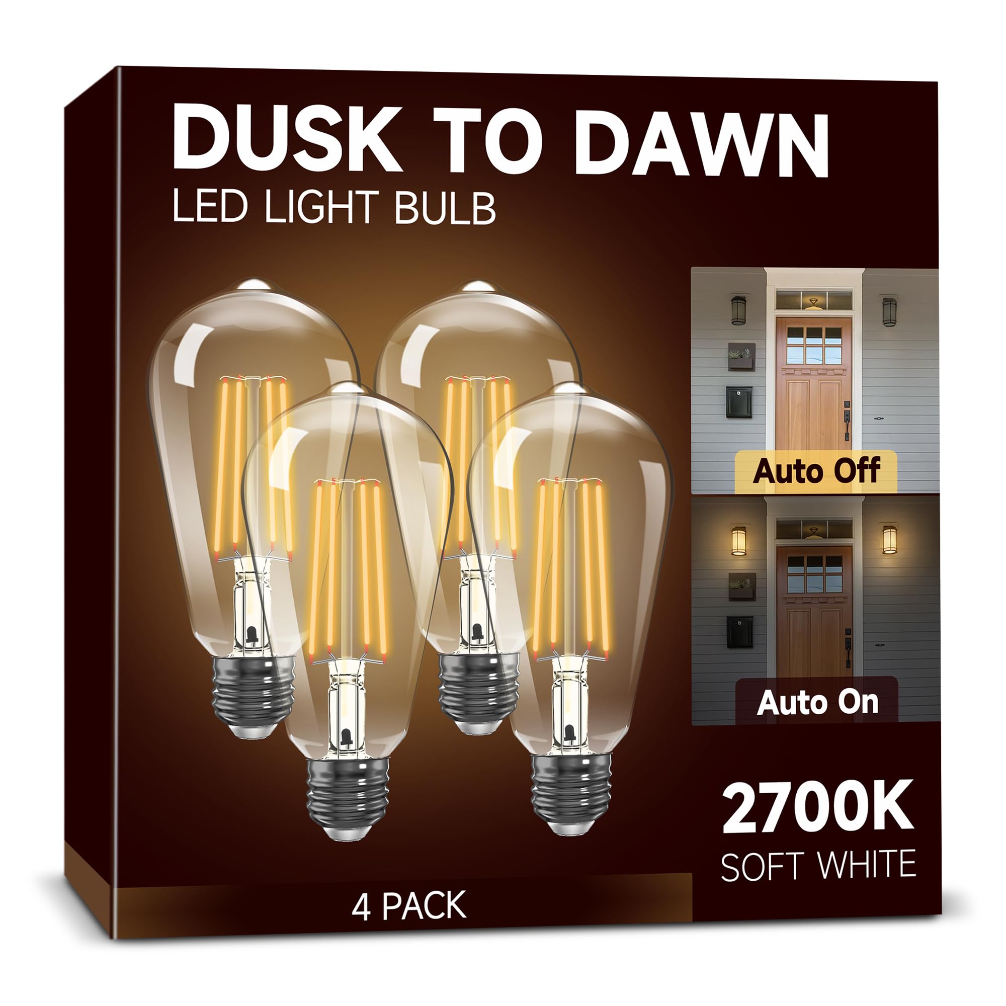 UNILAMP Dusk to Dawn Light Bulbs, ST64 6W Equivalent, 2700K Soft White, E26 Base, Auto On/Off, 4 Pack