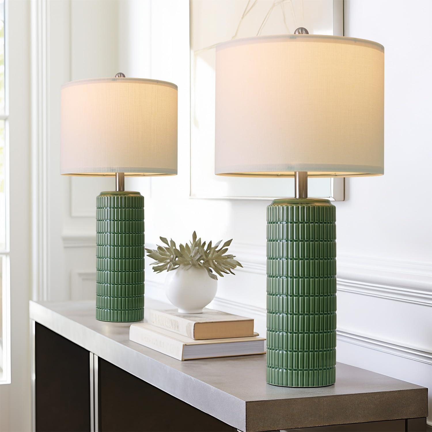 PoKat Table Lamps Set of 2, 27.5in Dark Green Ceramic, Tall Modern Design for Living Room and Bedroom Nightstands, Model AMZ-T1102L-GN