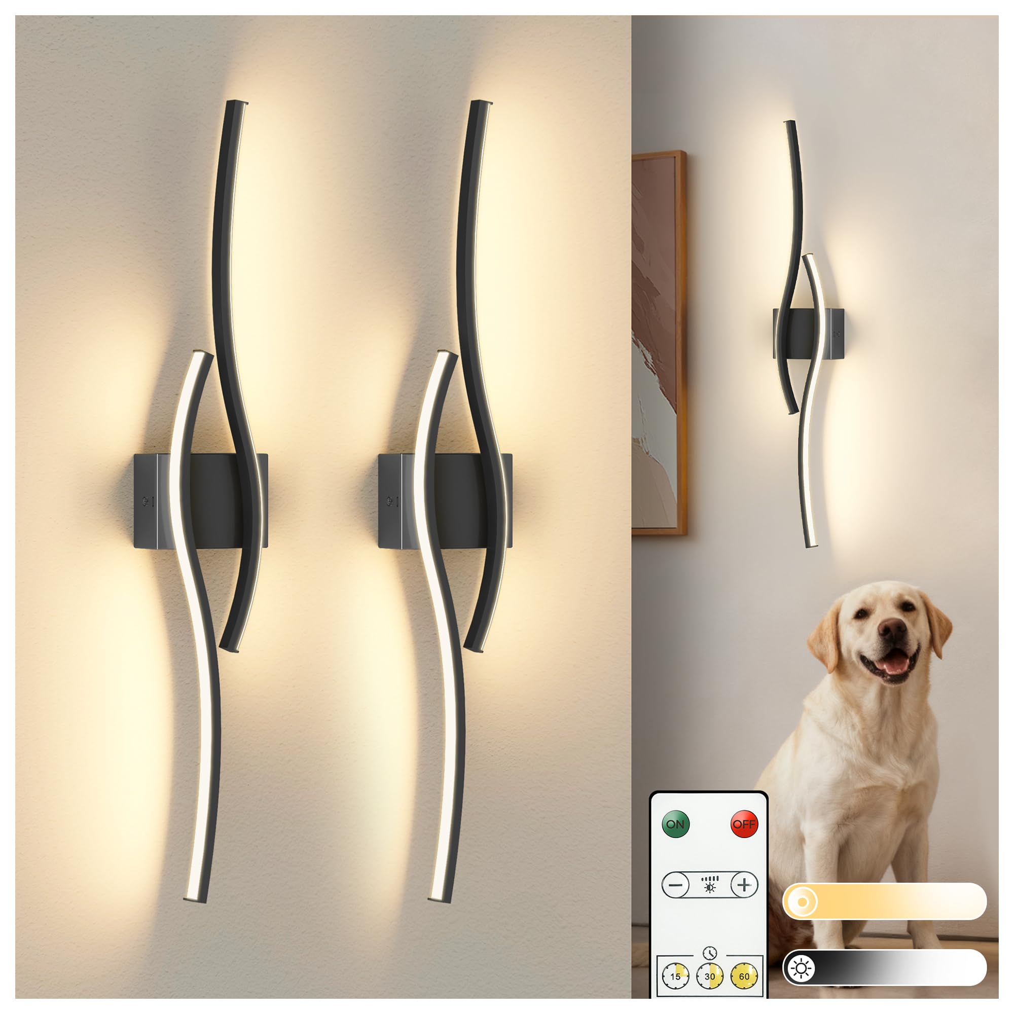 L LOHAS LED 31.6 inch Large Battery Operated Wall Sconces Set of 2  Rechargeable Wireless Sconce with Remote  Modern Black Wall Lights  Dimmable Sconces Wall Decor for Bedroom  Living Room