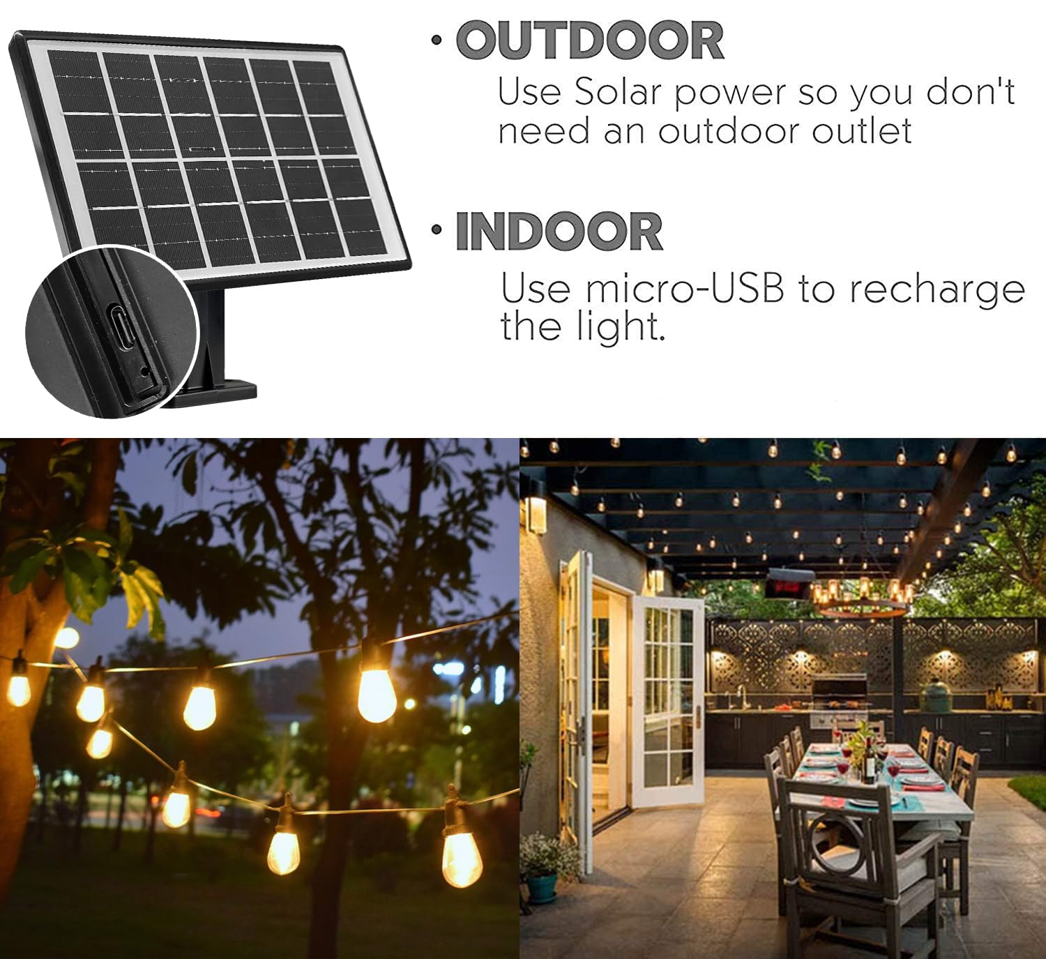 SUNTHIN Solar String Lights - 48ft Waterproof & Shatterproof Patio Lights, USB Rechargeable, Black Bulbs for Garden, Yard, Camping