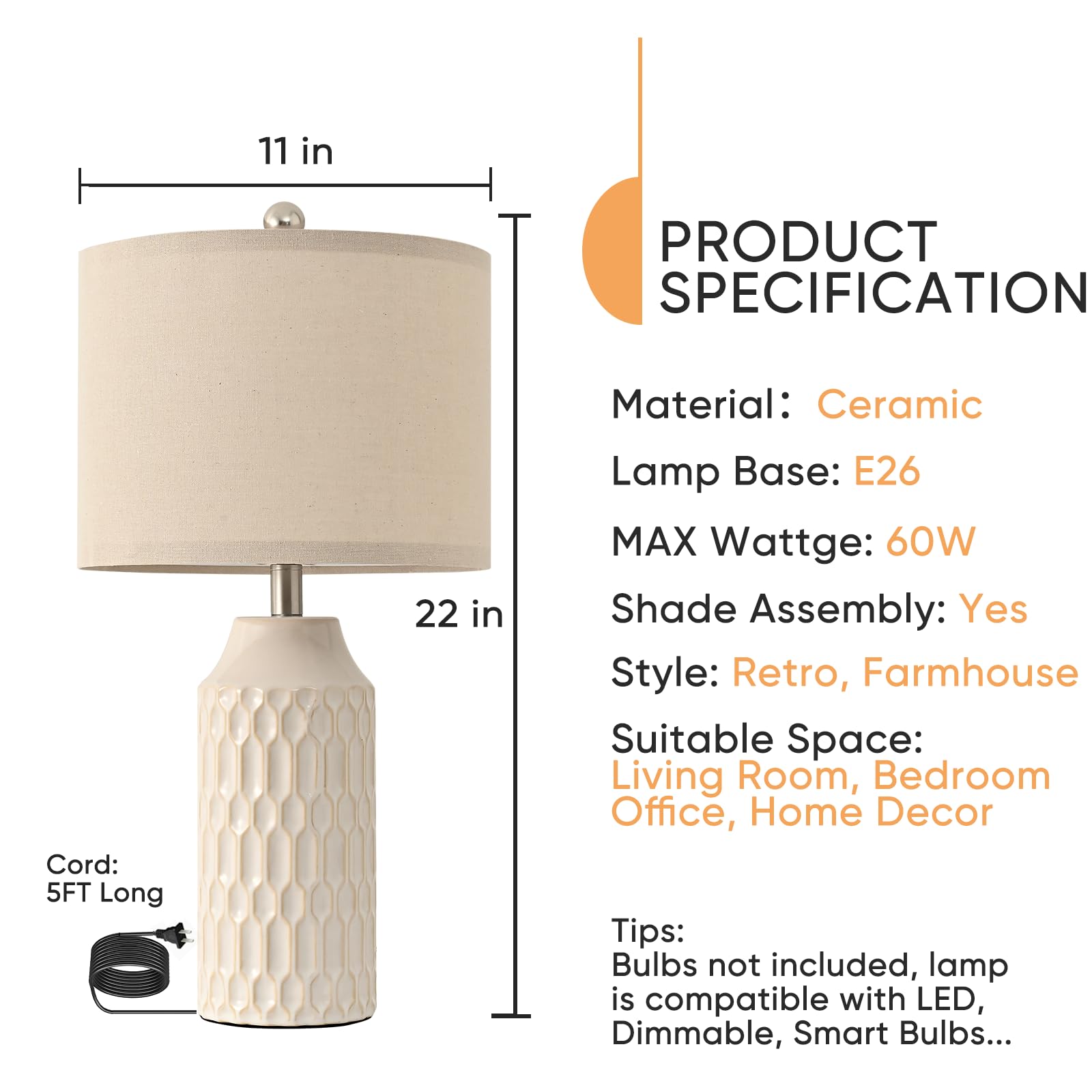 Easebri 22 Modern White Ceramic Table Lamp Set of 2 - Tall Bedside Nightstand Lamps for Living Room, Farmhouse Rustic Decor