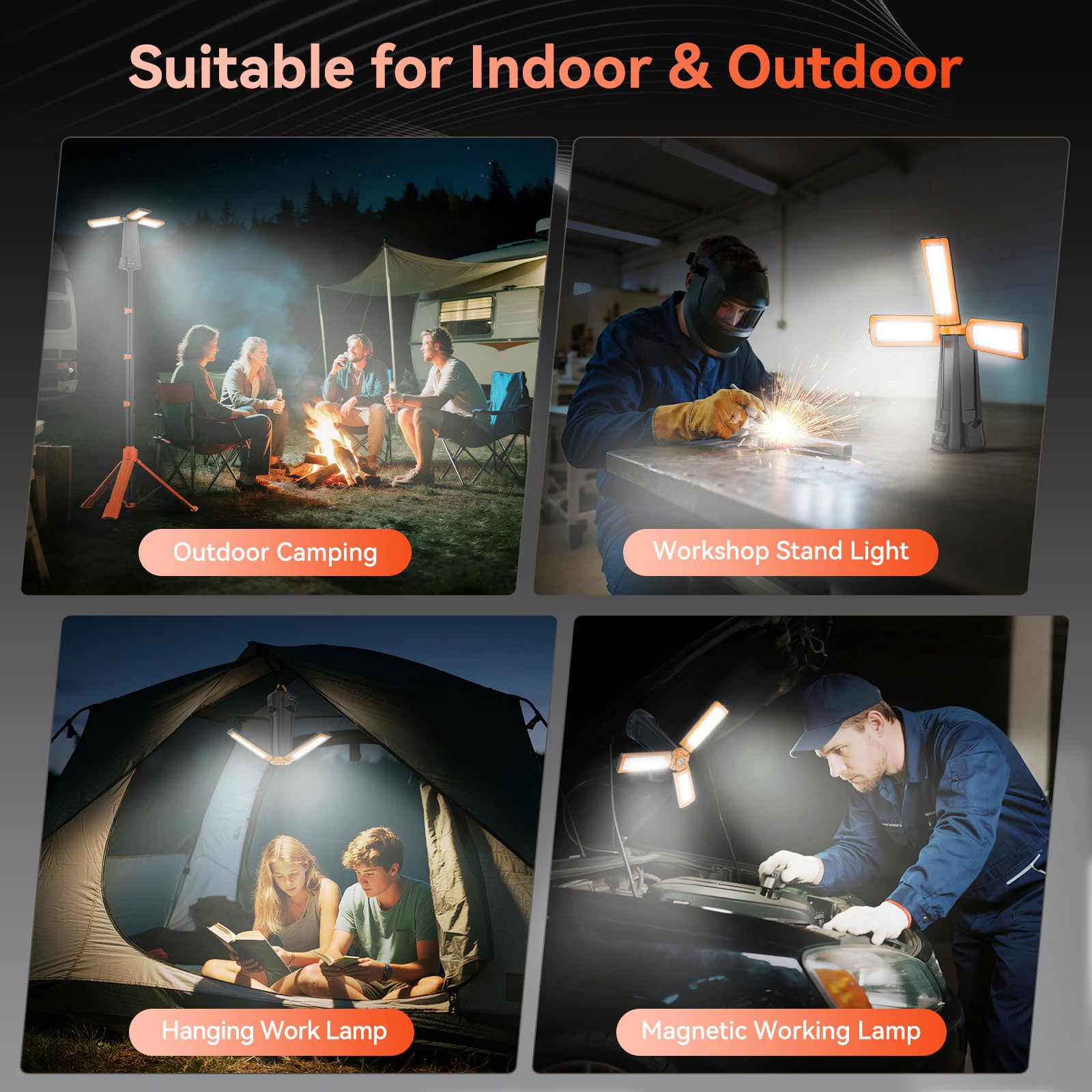 AKOFUN Rechargeable Camping Light with Stand, 15000 mAh Cordless Work Light with 3 LED Lamp Heads, 5500 Lumens Dimmable Camping