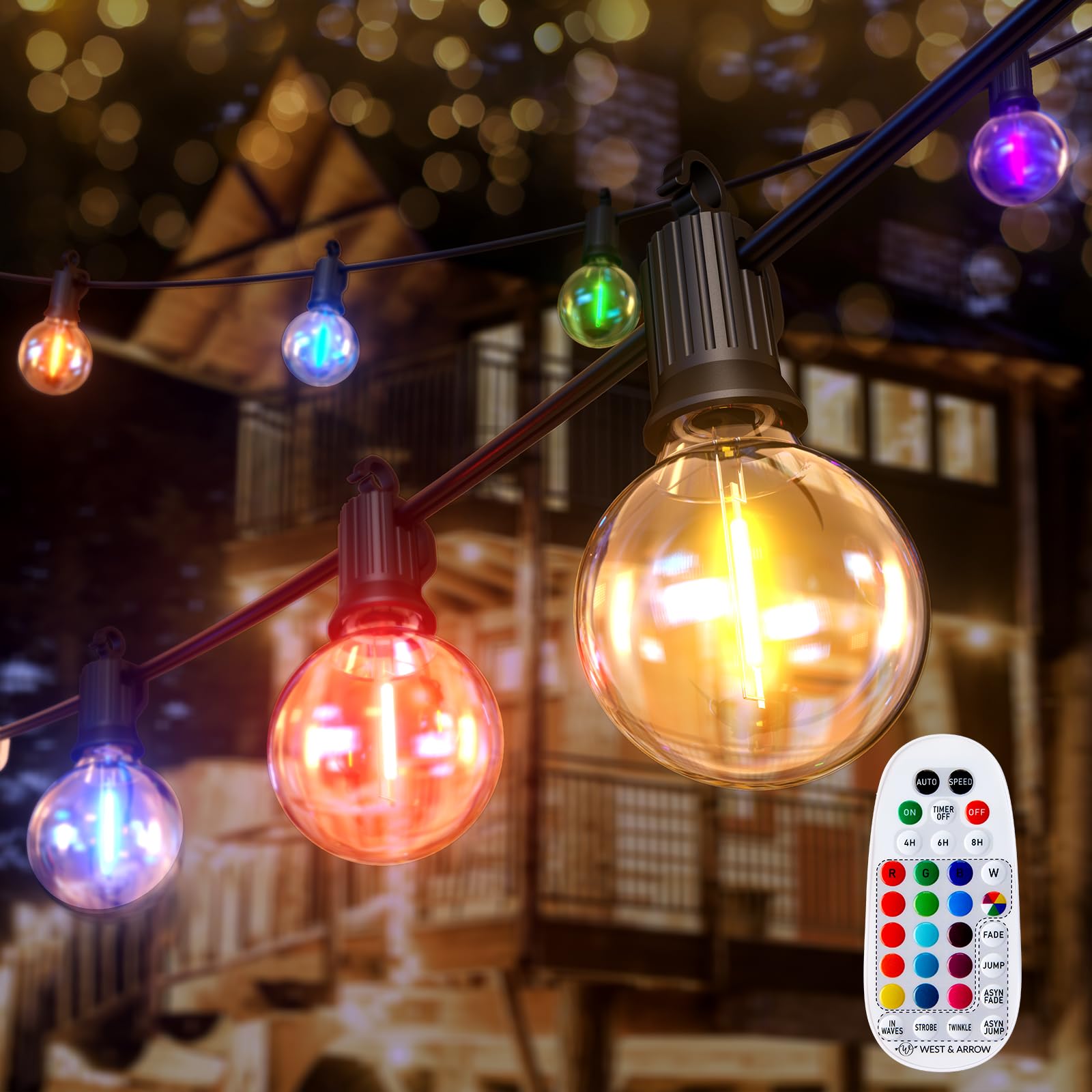Brightown RGBW Outdoor String Lights, 25FT LED Patio Lights with Remote and Timer, Commercial Grade Waterproof Hanging Lights wi