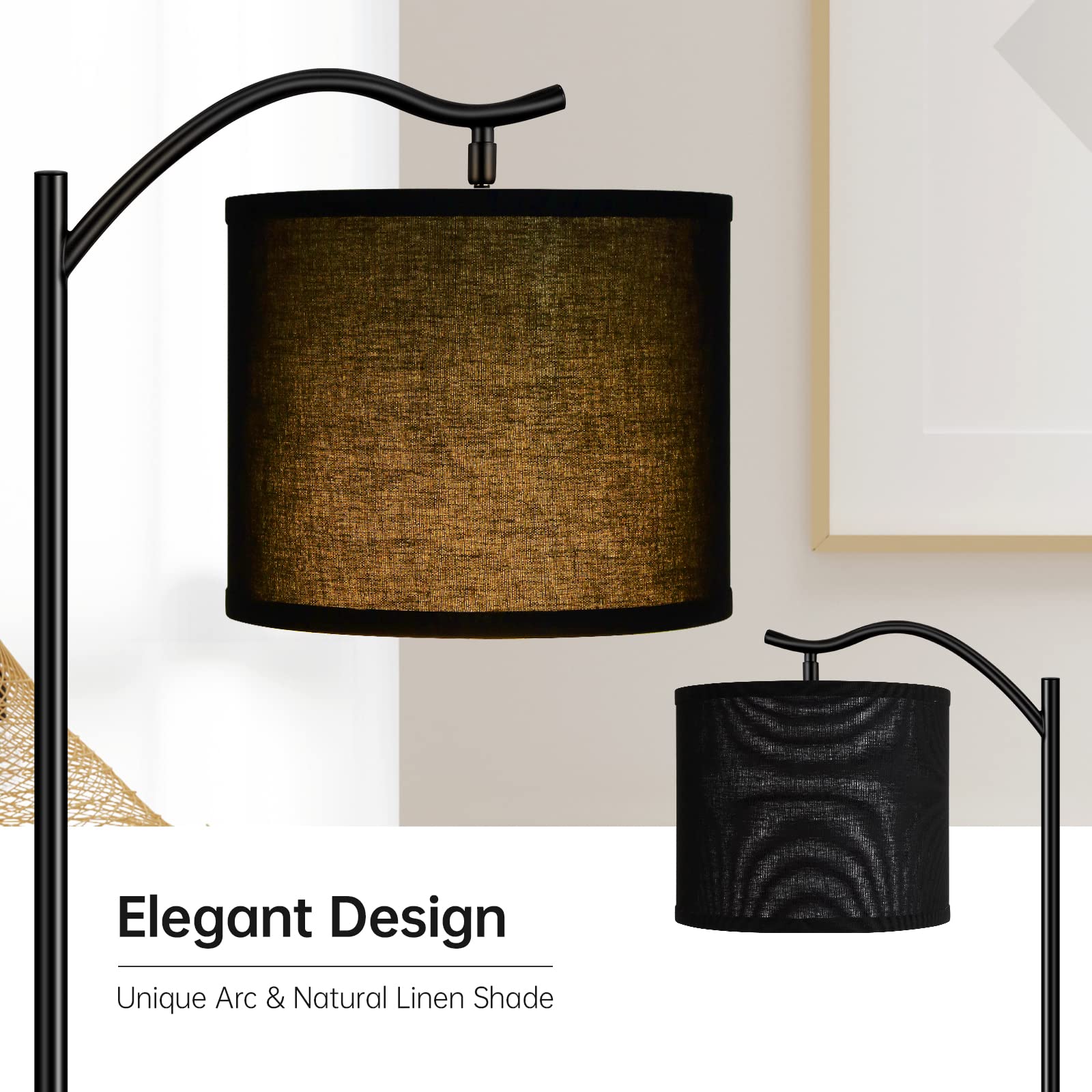 Floor Lamp For Living Room,Led Arched Floor Lamp,Tall Modern Standing Lamp With Black Linen Shade,E26 Socket, Footswitch,Montage
