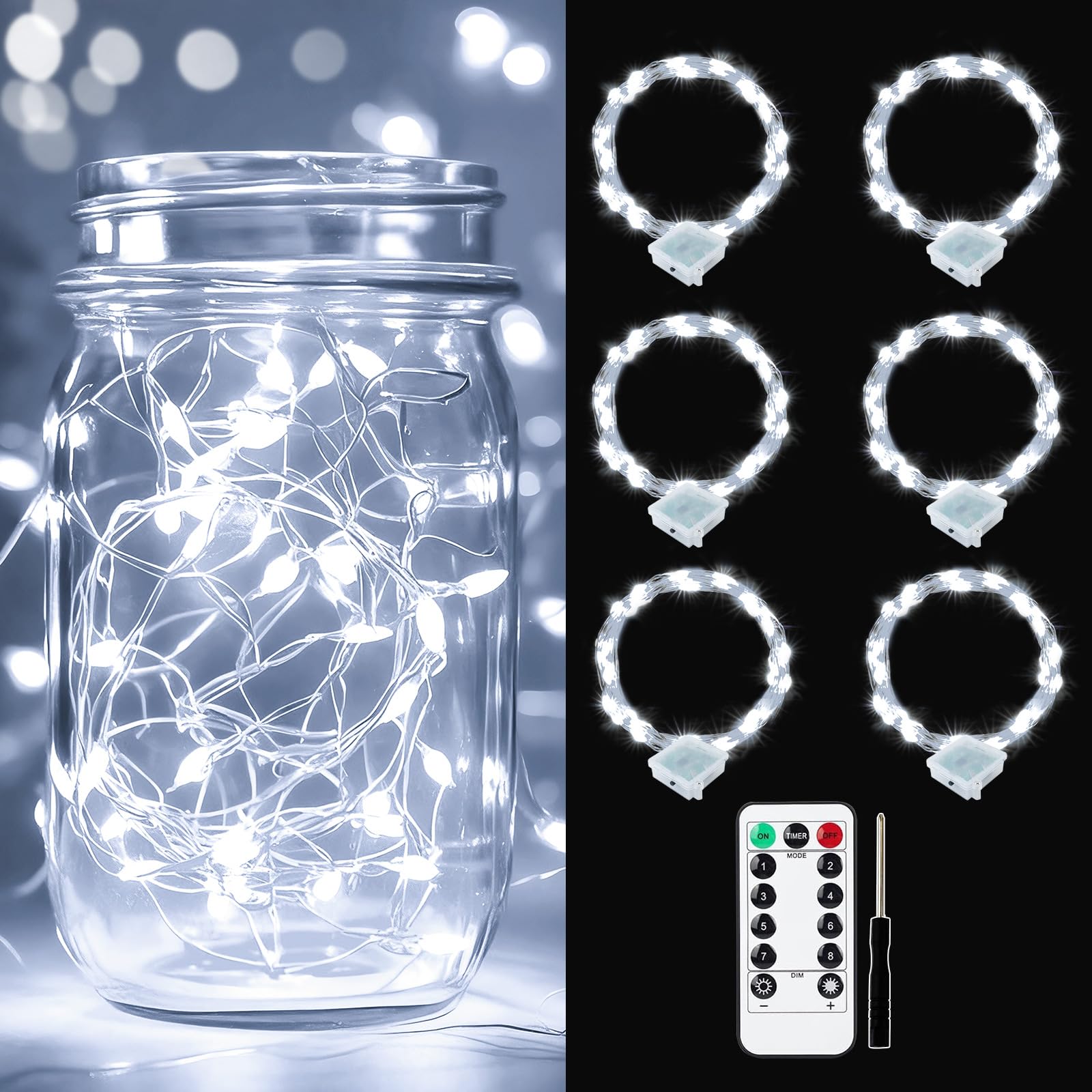 pozzolanas 6 Pack White Battery Operated String Lights with Remote - 7ft Waterproof Fairy Lights with 20 LEDs for Home, Mason Ja
