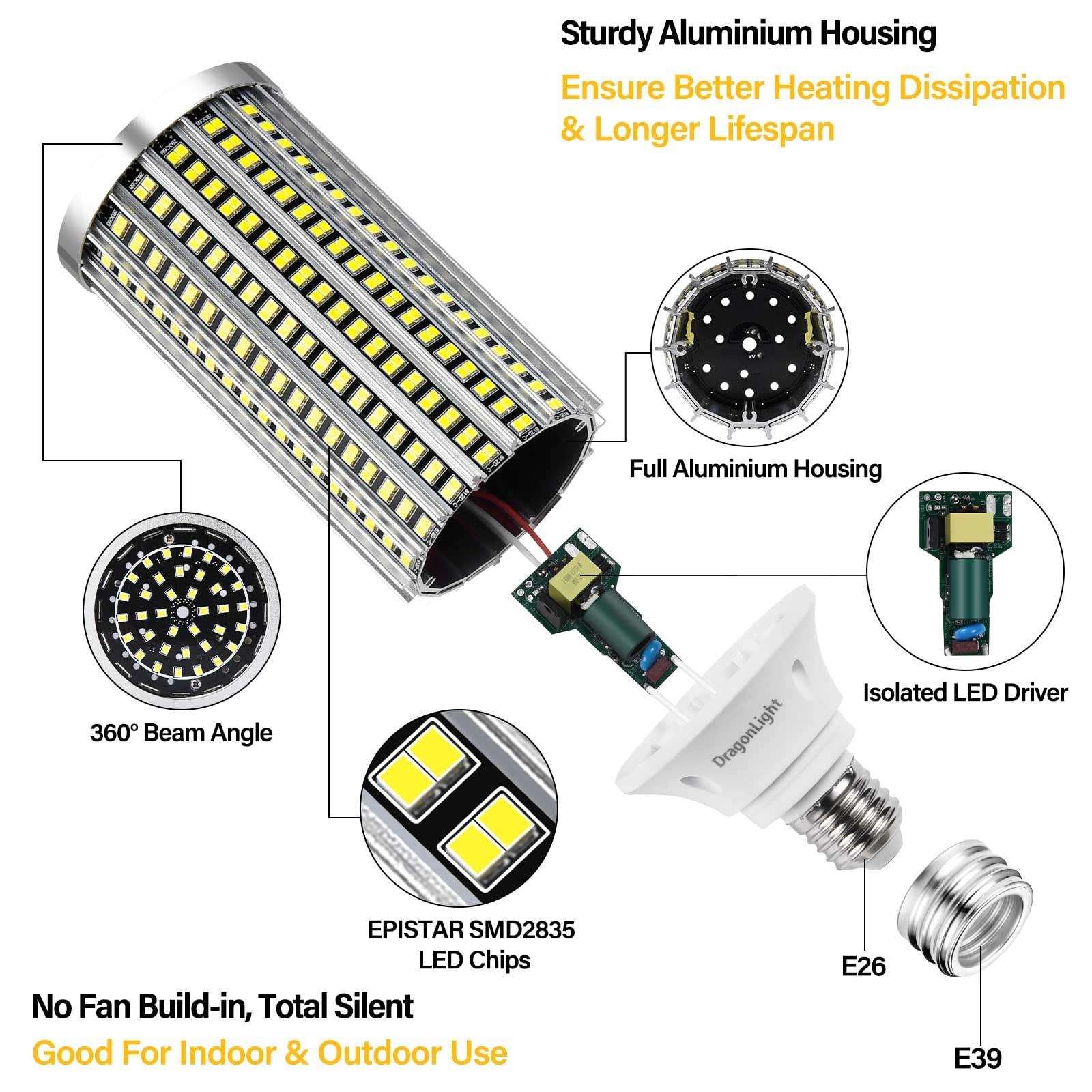 Dragonlight 60W Super Bright Led Corn Light Bulbs (200 Watt Metal Halide/Hid/Hps Replacement) - E26/E39 Base Led Lamp - 6000K Da