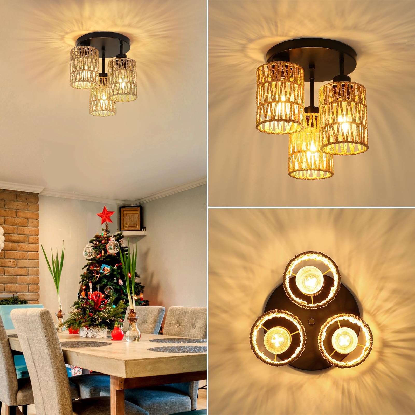 Foucasal Boho Light Fixtures Ceiling Mount, 3-Light Boho Flush Mount Ceiling Light, Rattan Woven Chandelier Lighting For Farmhou