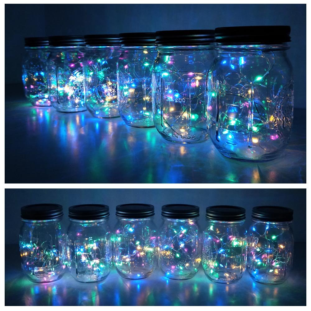 Decorman Solar Mason Jar Lid Lights, 10 LED Waterproof Fairy Lights, 6 Pack, Colorful, Model 43219-8197