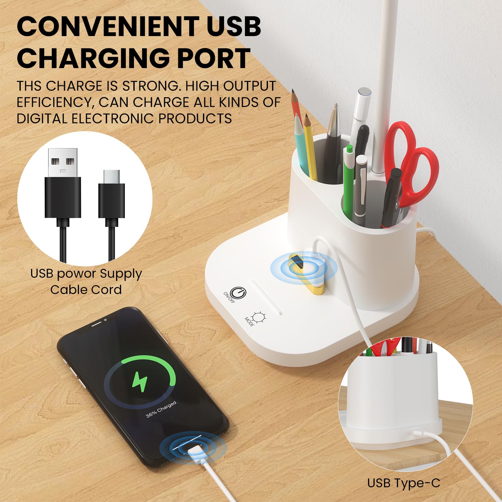Led Desk Lamp With Usb Charging Port & Pen Holder, Dimmable Reading Light, Small Touch Table Lamp For Bedside Office Home Study