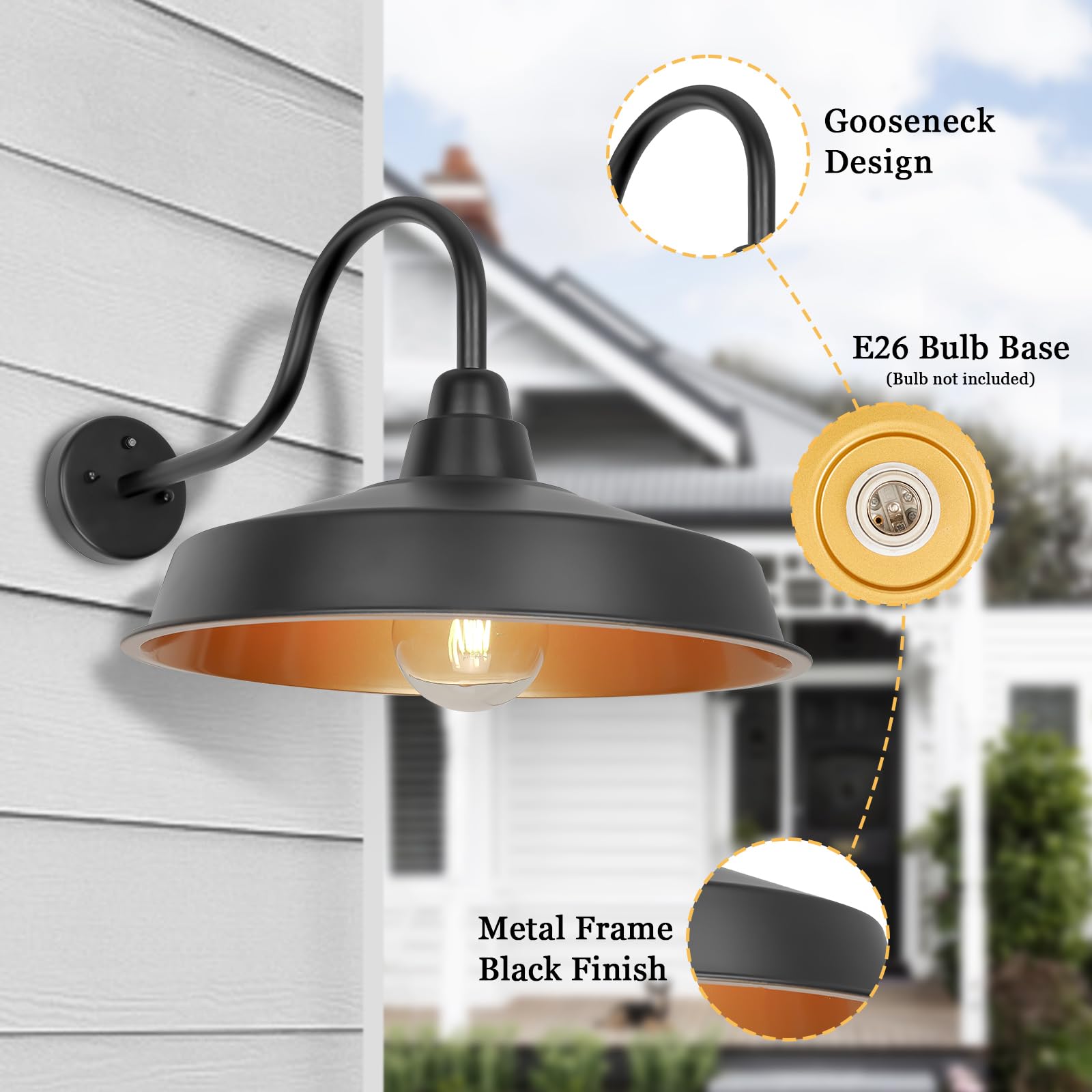 Diyel Gooseneck Barn Light - 16" Outdoor Wall Sconce, Dusk to Dawn, Black & Gold, 2 Pack, Model DDRZ020 GD-2PACK