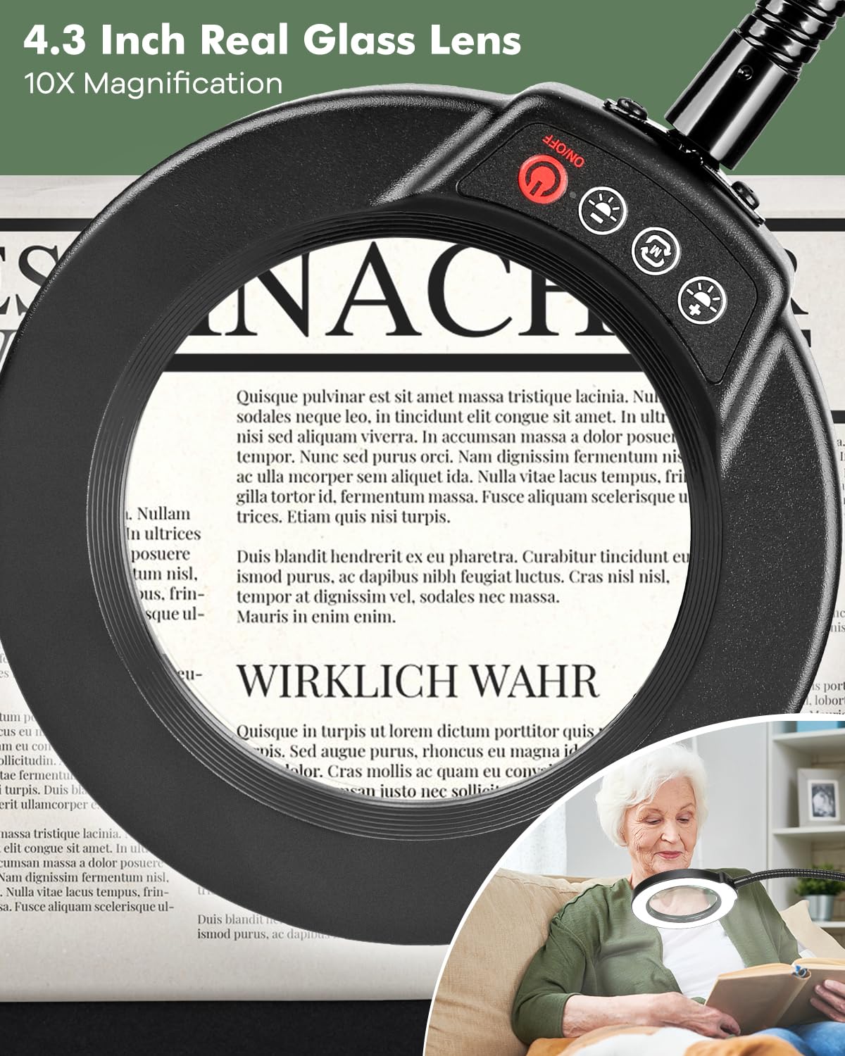 10X Magnifying Glass With Light And Stand, 3-In-1 Led 5 Color Modes Stepless Dimmable Magnifying Floor Lamp,24'' Flexible Goosen