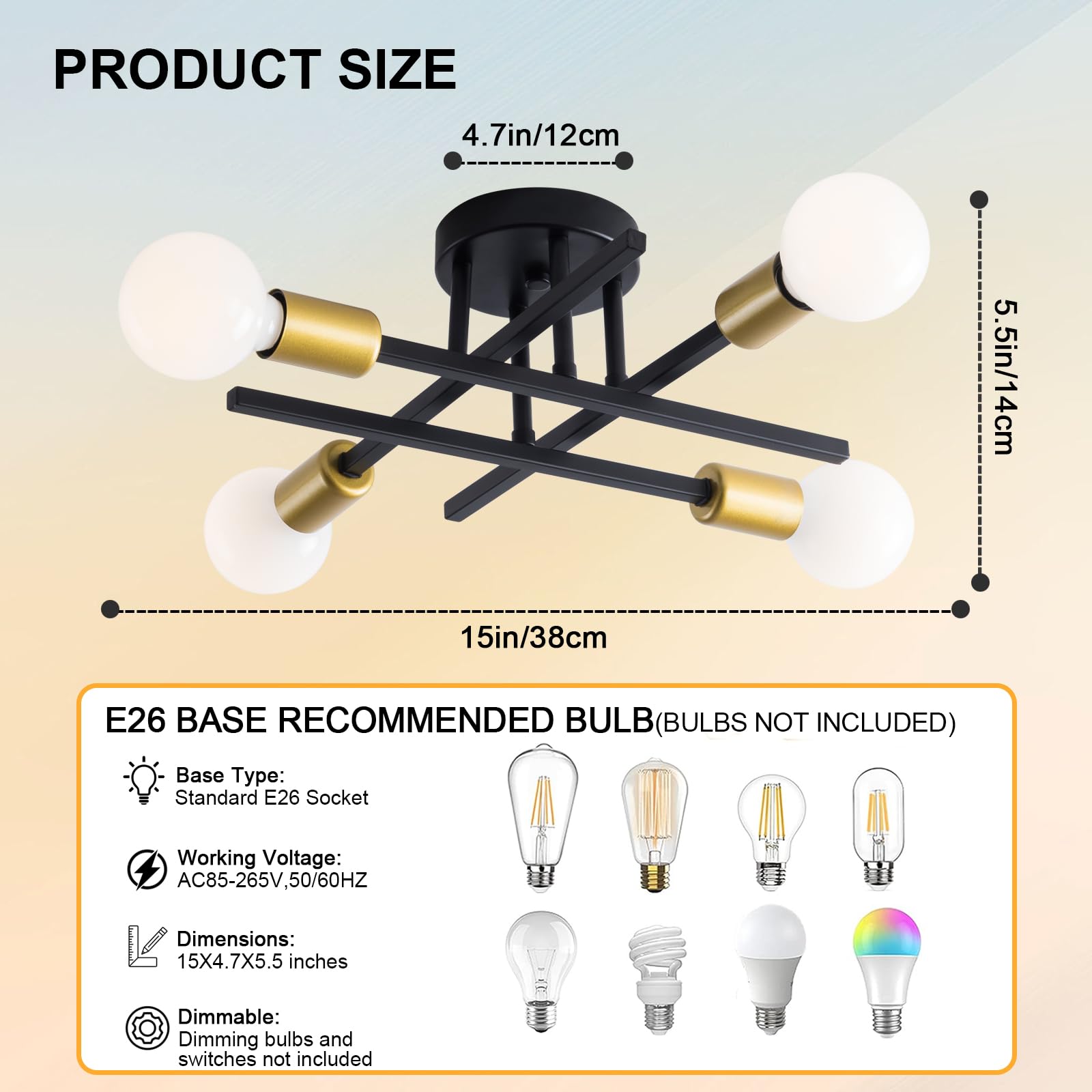 Xingsiyuelyx Modern Black And Gold Sputnik Ceiling Light Fixture,Semi Flush Mount Ceiling Light,Close To Ceiling Light,Chandelie