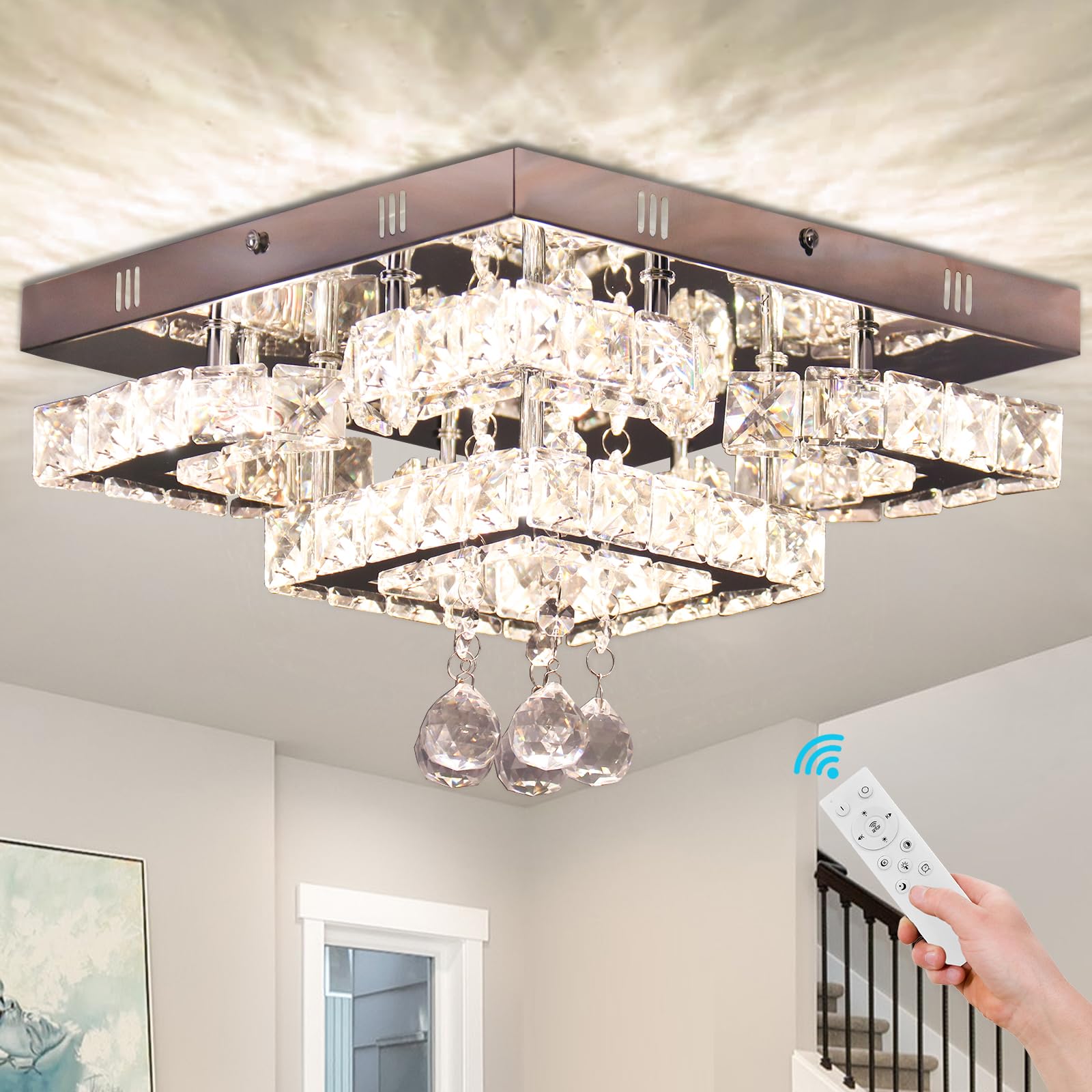 CXGLEAMING Crystal Chandelier LED Ceiling Light Fixture, 15.7in Square, Dimmable, 4 Petals, Stainless Steel & K9 Crystals