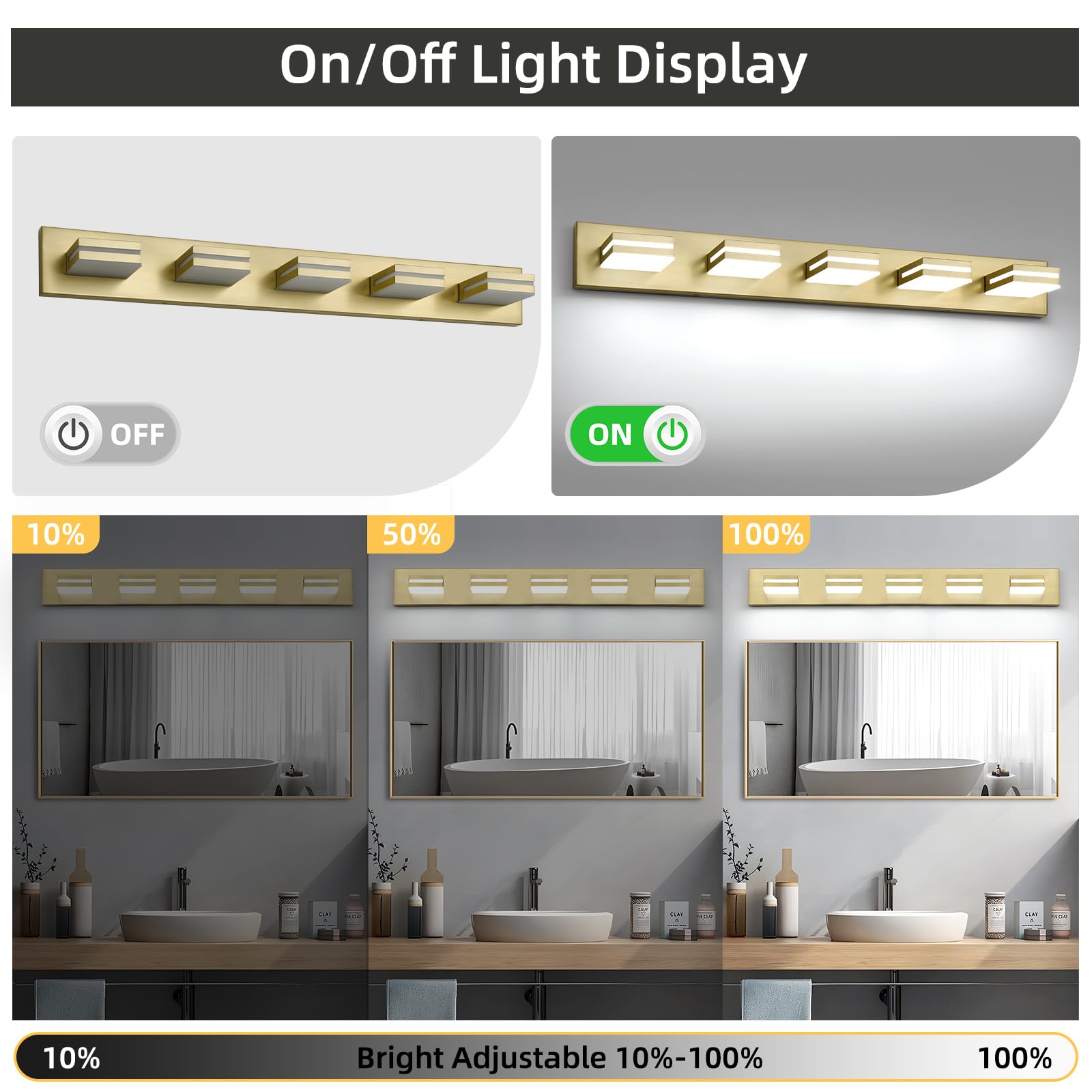 OKELI 5-Light Bathroom Vanity Light Dimmable LED 32W 36.2 Inch Gold Modern Over Mirror, Model OK-9553-5T-GL