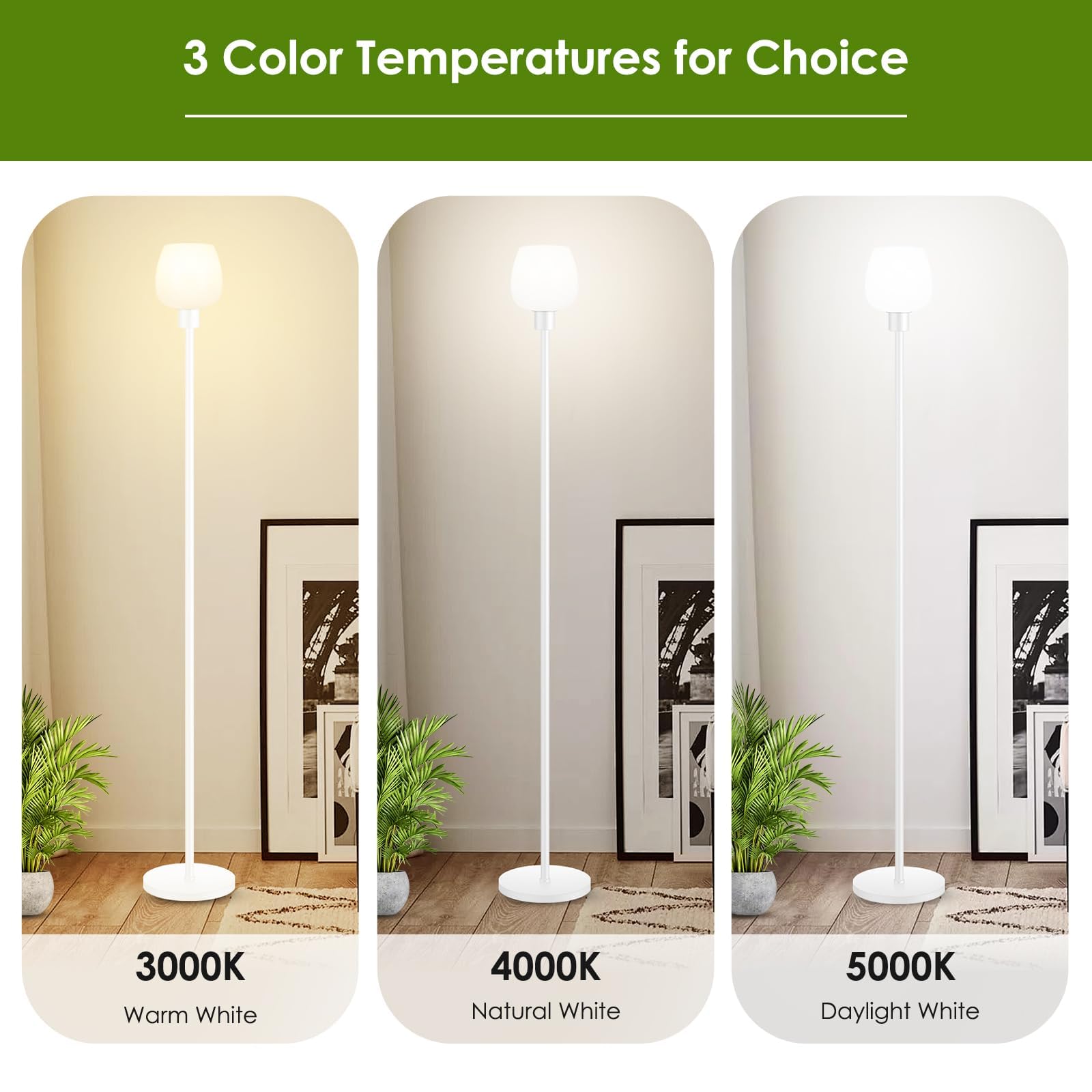 Floor Lamp For Living Room With 3 Color Temperatures, Standing Lamp With White Opal Glass Lampshade, Modern Tall Lamp With Foot Switch, Pole Lamp For Office Bedroom Dining Room, 9W Led Bulb Included