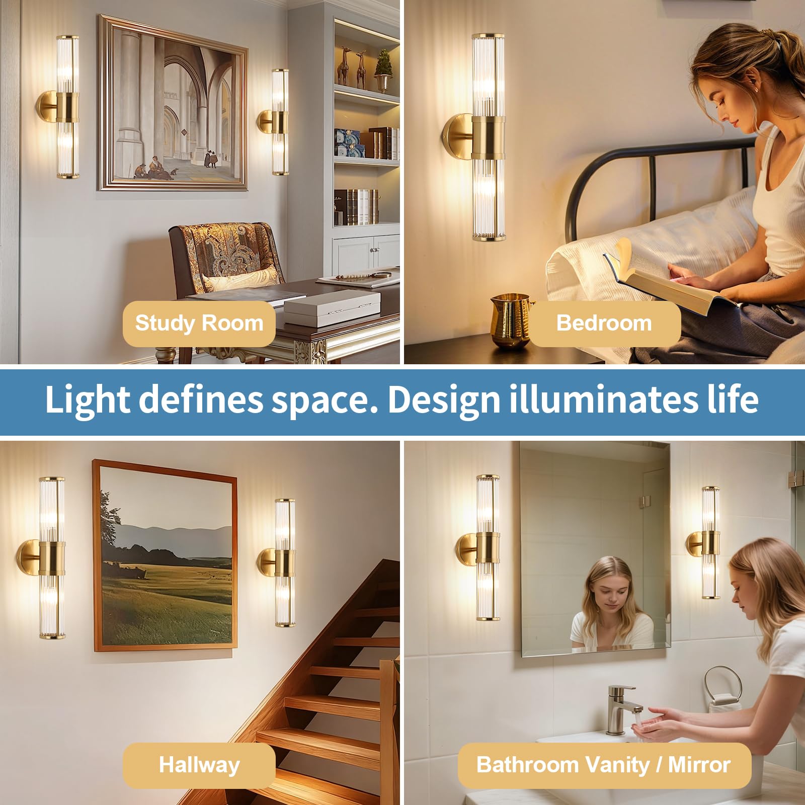 ECOBRT Glass Rods Wall Light Fixture, Brass Indoor Vanity Light, E12 Socket, Model 1630-Brass, Brushed Brass Finish
