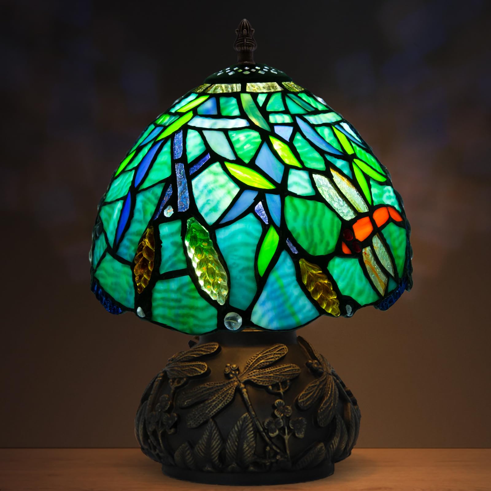 JHuiLap Small Tiffany Stained Glass Lamp, 3 Color Temperatures Bedside Lamp, 8 Inch Mushroom Desk Light for Bedroom Living Room 