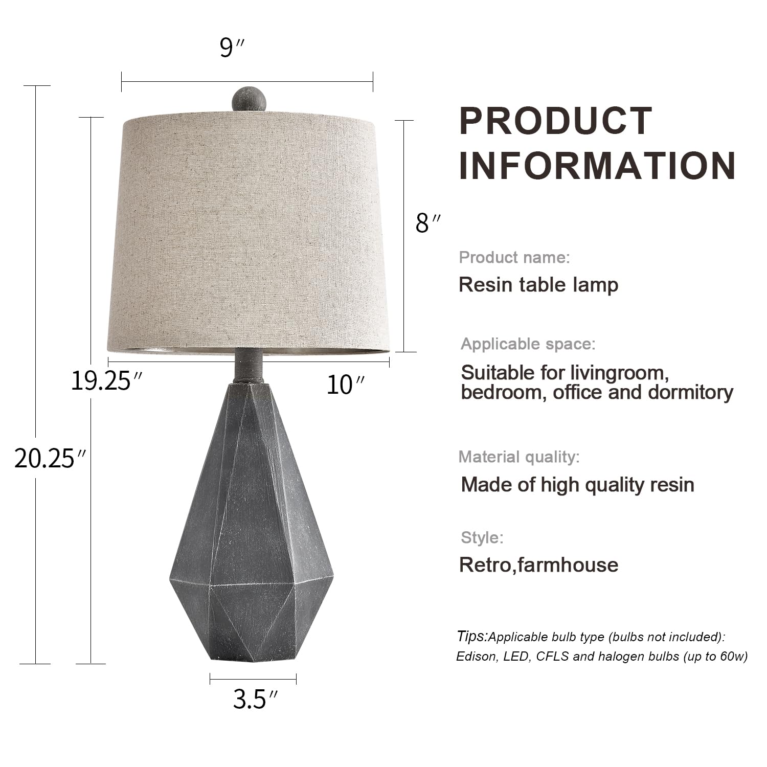 PoKat Rustic Farmhouse Table Lamp Set of 2, 20.25" Dark Grey with White Shade, Ideal for Living Room or Bedroom, Model AMZ-T1042GY