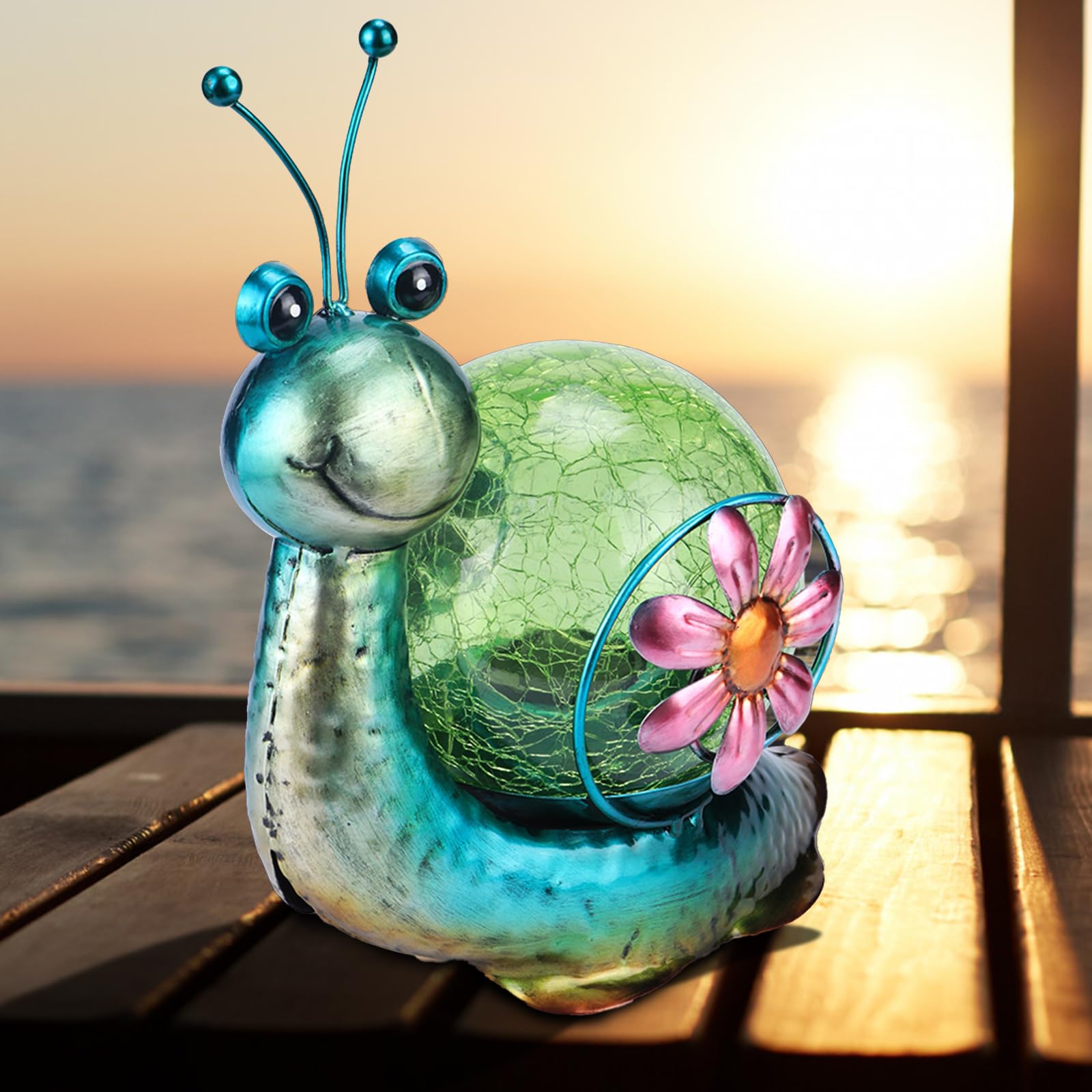 MUMTOP Solar Lantern - Waterproof LED Snail Tabletop Light for Patio & Garden - Green Glass Decor